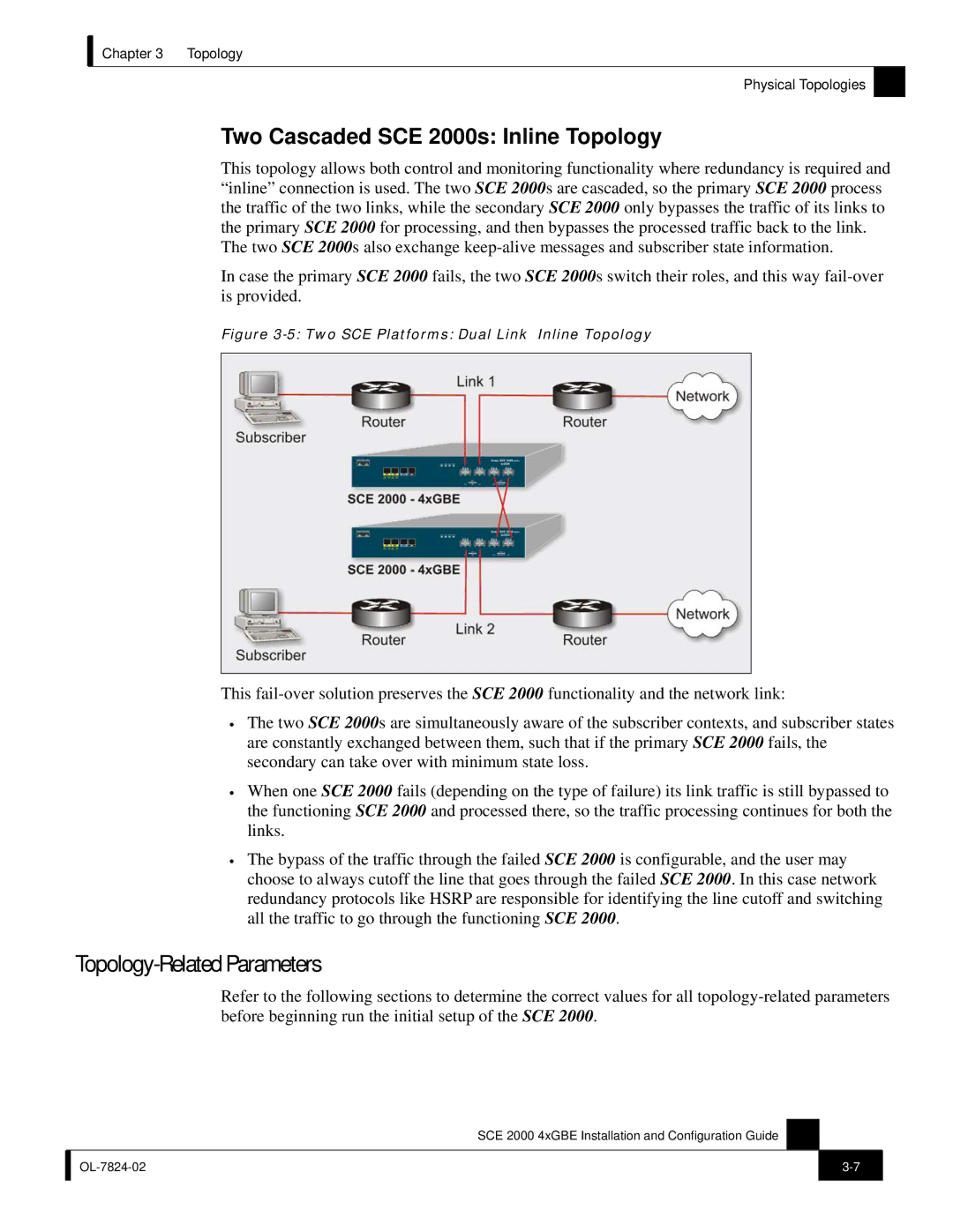 Cisco Systems SCE 2000 4xGBE manual Topology-Related Parameters, Two Cascaded SCE 2000s Inline Topology 