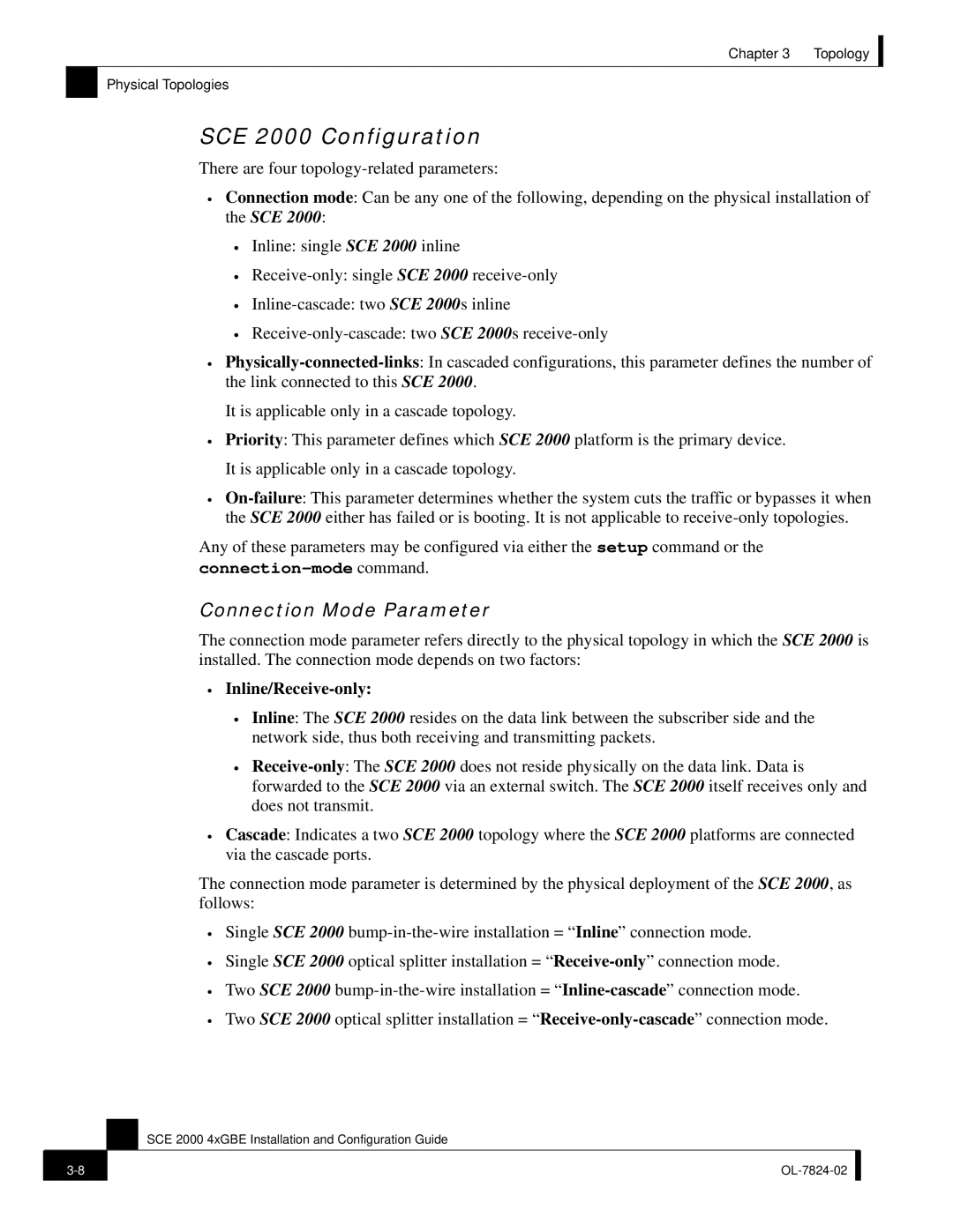 Cisco Systems SCE 2000 4xGBE manual SCE 2000 Configuration, Connection Mode Parameter 