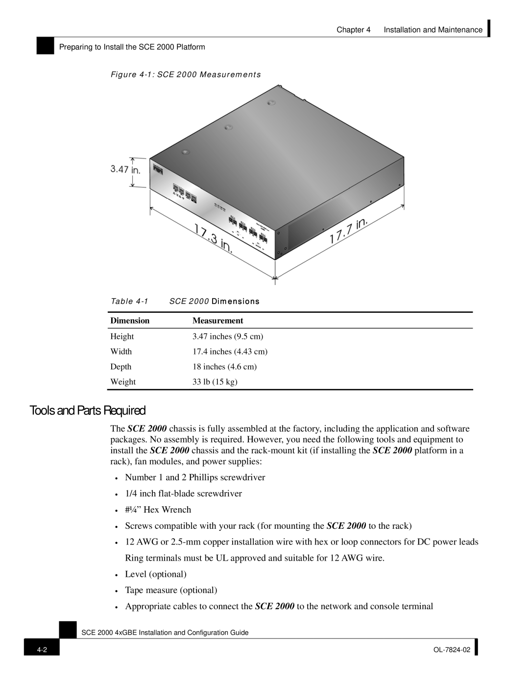 Cisco Systems SCE 2000 4xGBE manual Tools and Parts Required, Dimension Measurement 