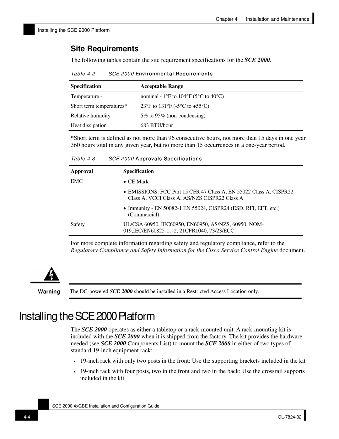 Cisco Systems SCE 2000 4xGBE manual Installing the SCE 2000 Platform, Site Requirements, Specification Acceptable Range 