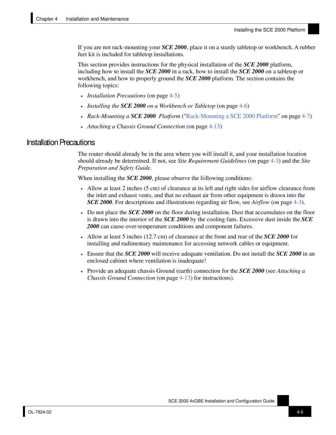 Cisco Systems SCE 2000 4xGBE manual Installation Precautions 