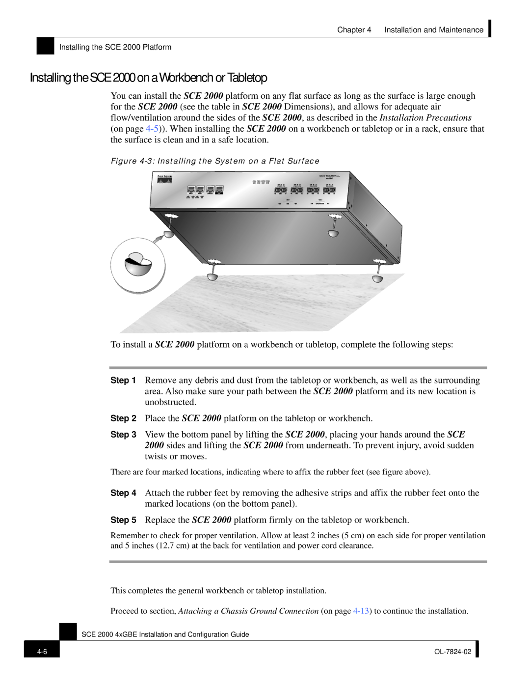 Cisco Systems SCE 2000 4xGBE Installing the SCE 2000 on a Workbench or Tabletop, Installing the System on a Flat Surface 