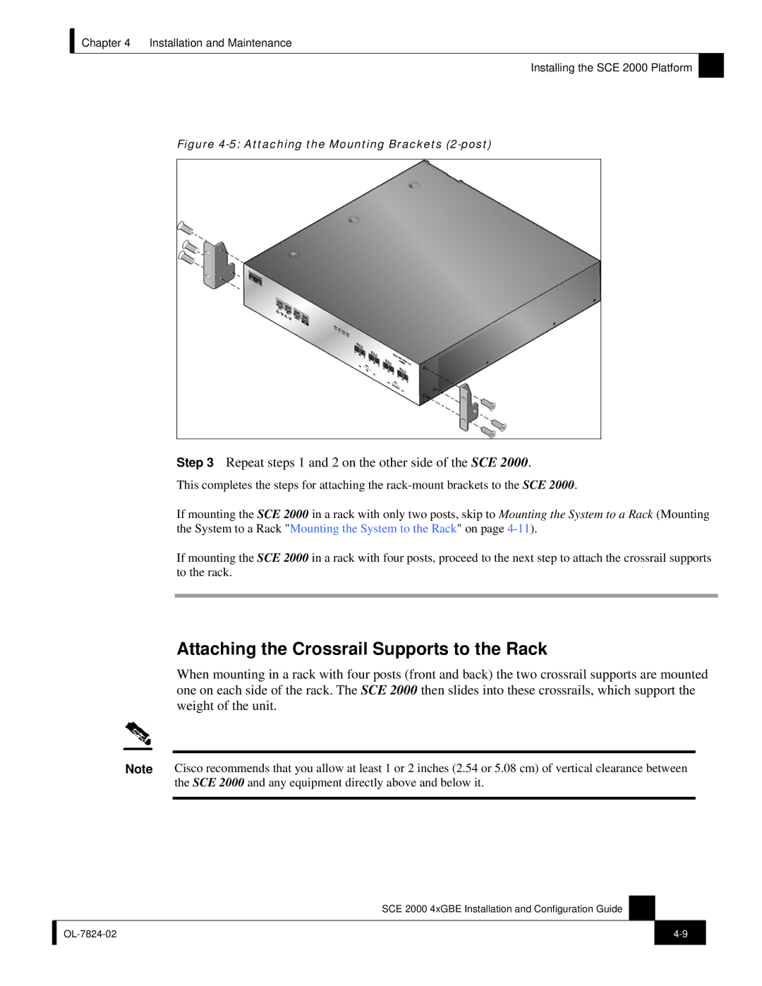 Cisco Systems SCE 2000 4xGBE manual Attaching the Crossrail Supports to the Rack 