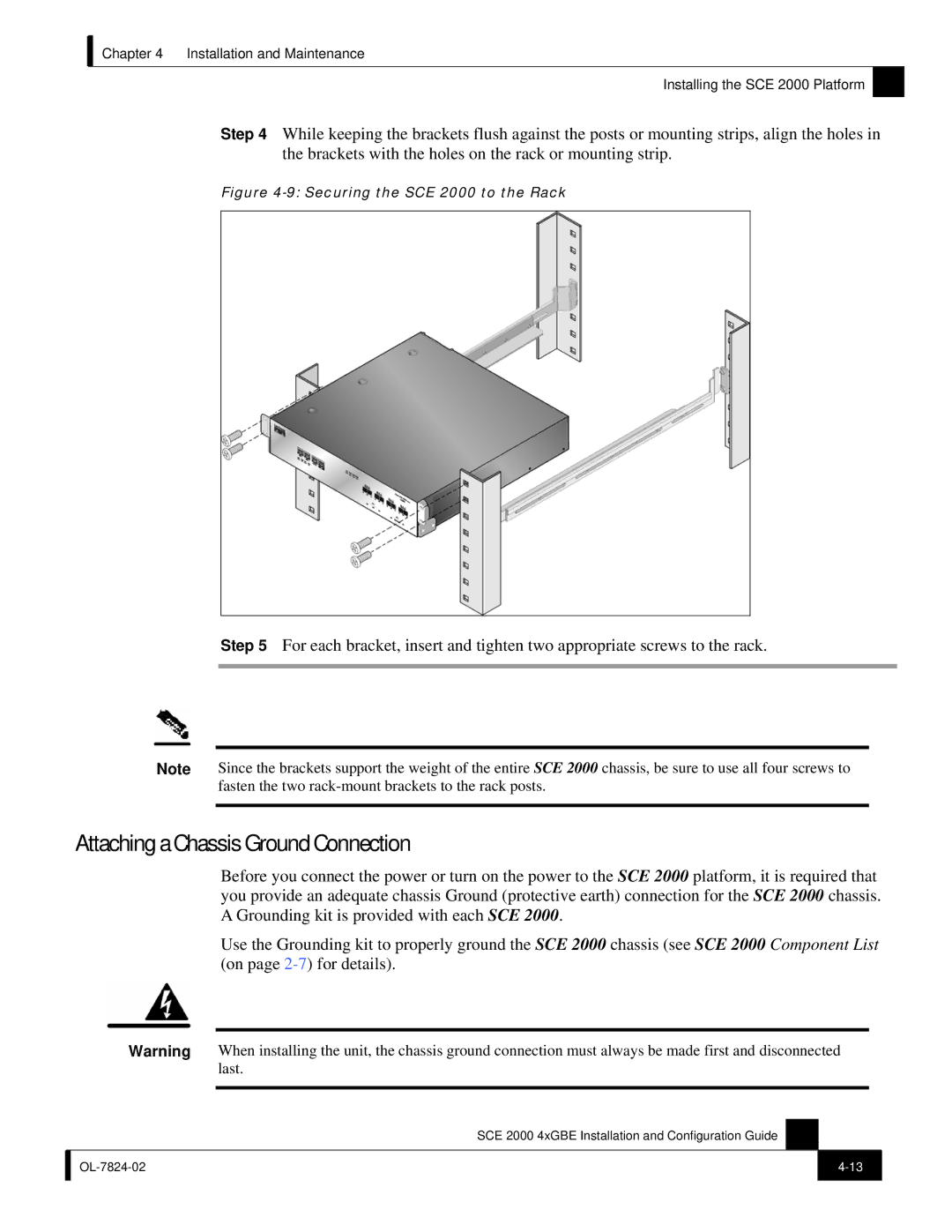 Cisco Systems SCE 2000 4xGBE manual Attaching a Chassis Ground Connection, Securing the SCE 2000 to the Rack 