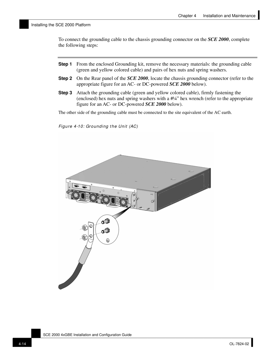 Cisco Systems SCE 2000 4xGBE manual Grounding the Unit AC 