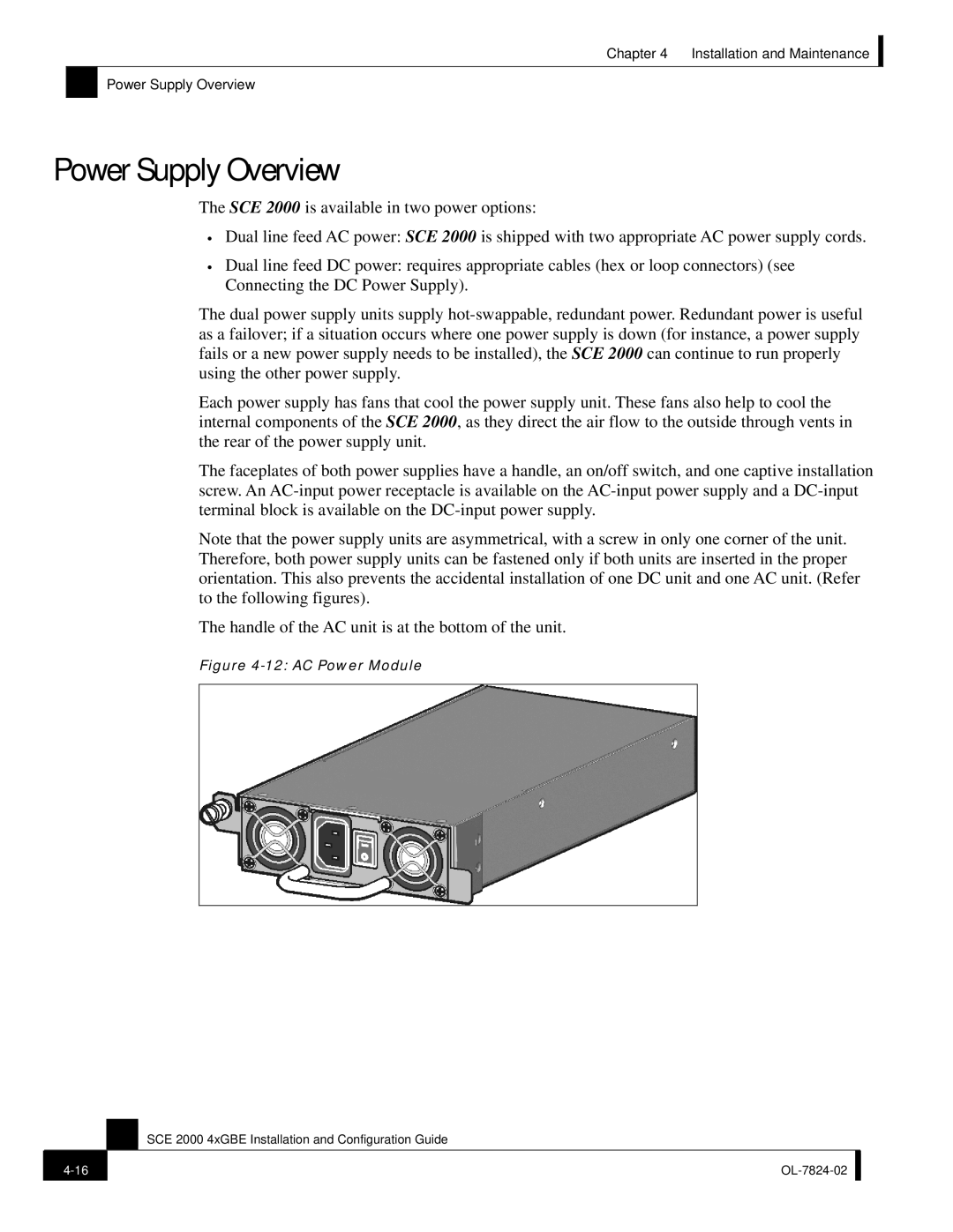 Cisco Systems SCE 2000 4xGBE manual Power Supply Overview, AC Power Module 