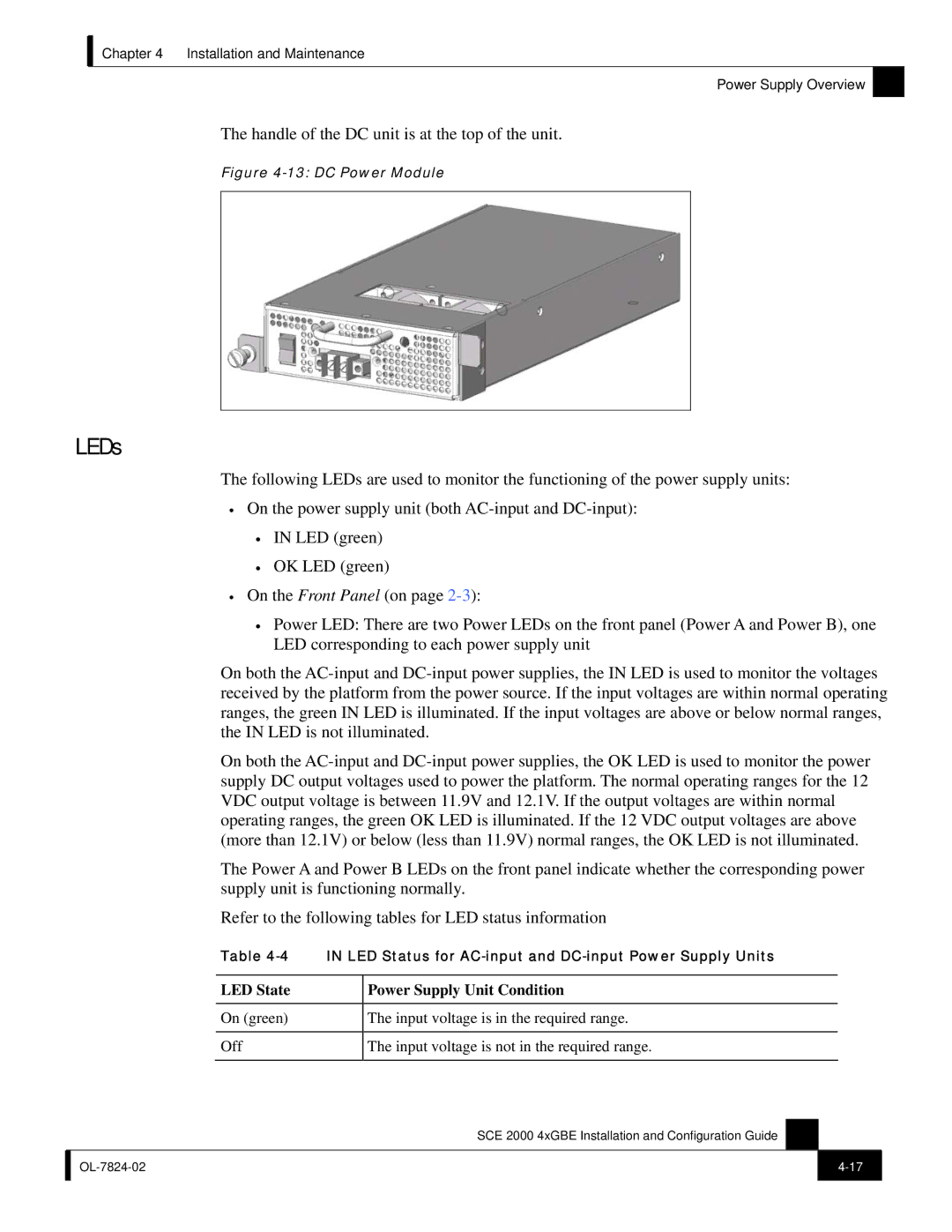 Cisco Systems SCE 2000 4xGBE manual LEDs, Handle of the DC unit is at the top of the unit 