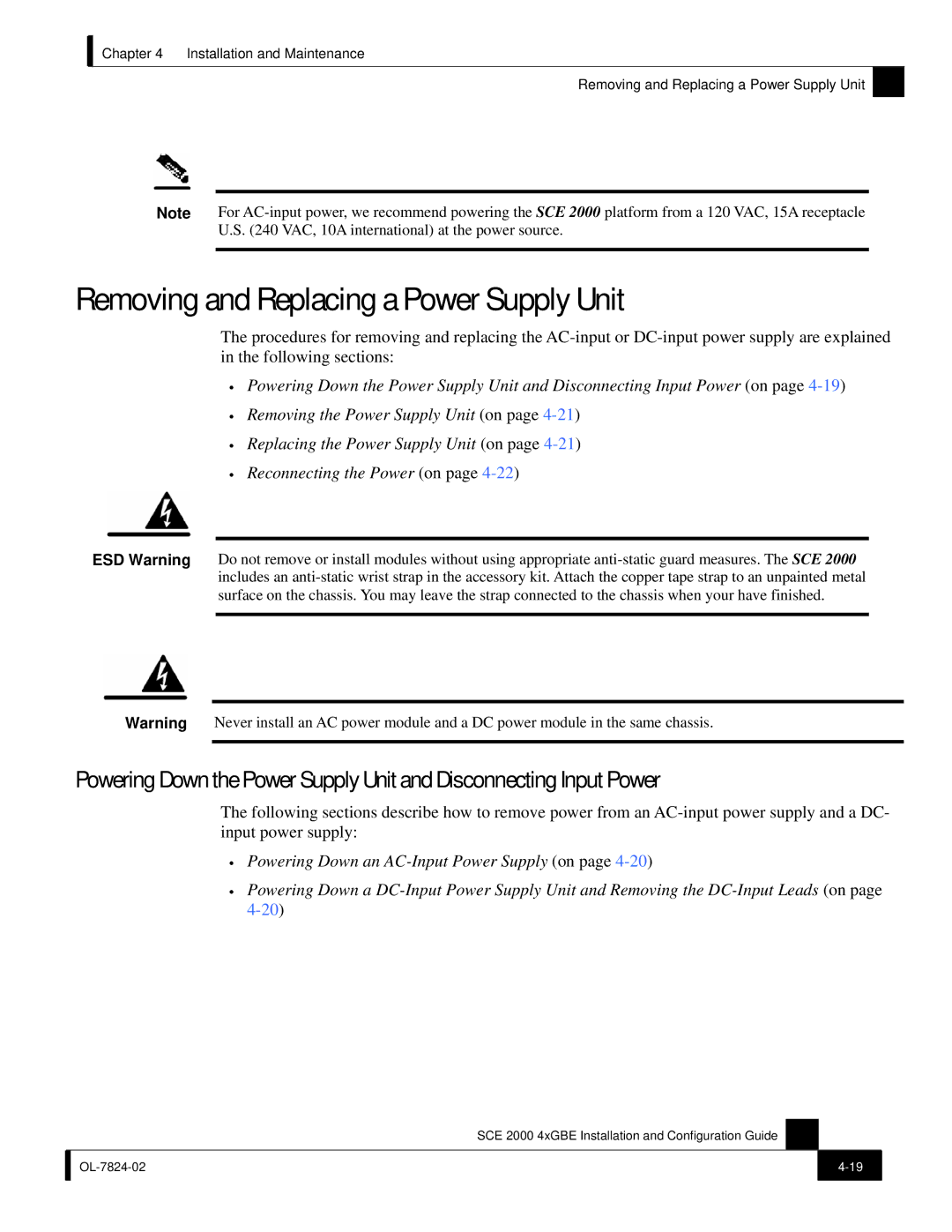 Cisco Systems SCE 2000 4xGBE manual Removing and Replacing a Power Supply Unit 