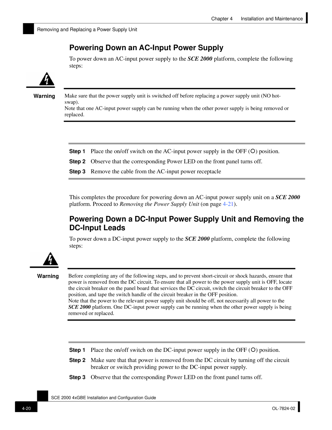 Cisco Systems SCE 2000 4xGBE manual Powering Down an AC-Input Power Supply 