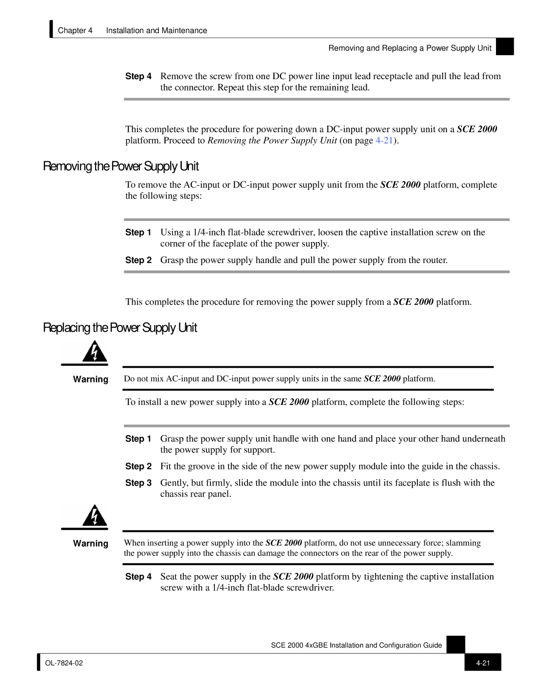 Cisco Systems SCE 2000 4xGBE manual Removing the Power Supply Unit, Replacing the Power Supply Unit 