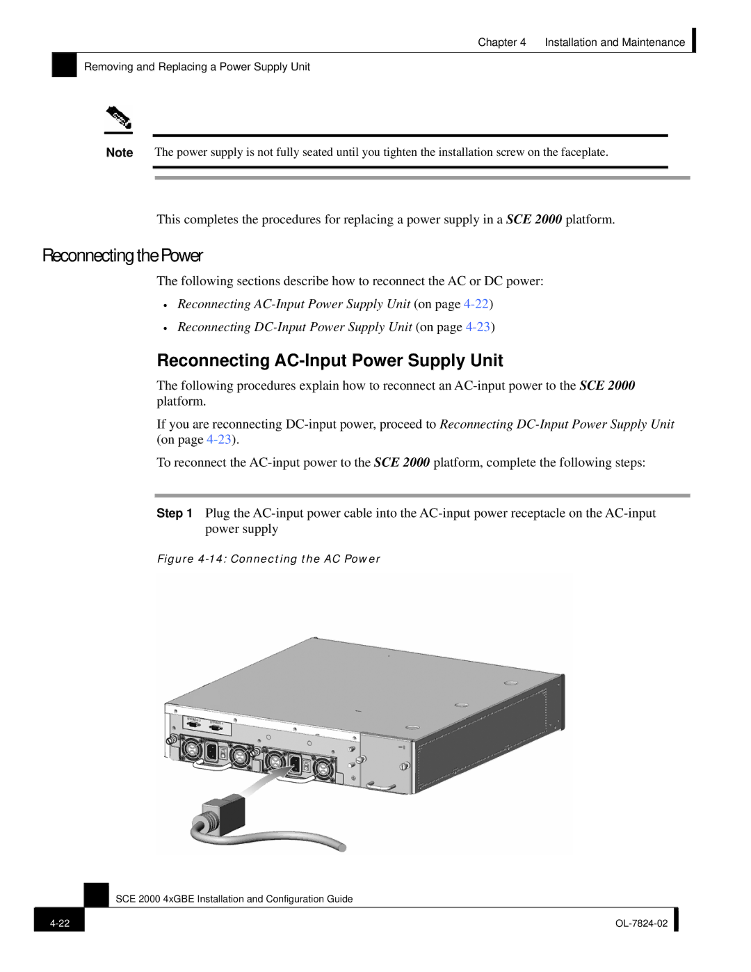 Cisco Systems SCE 2000 4xGBE manual Reconnecting the Power, Reconnecting AC-Input Power Supply Unit 