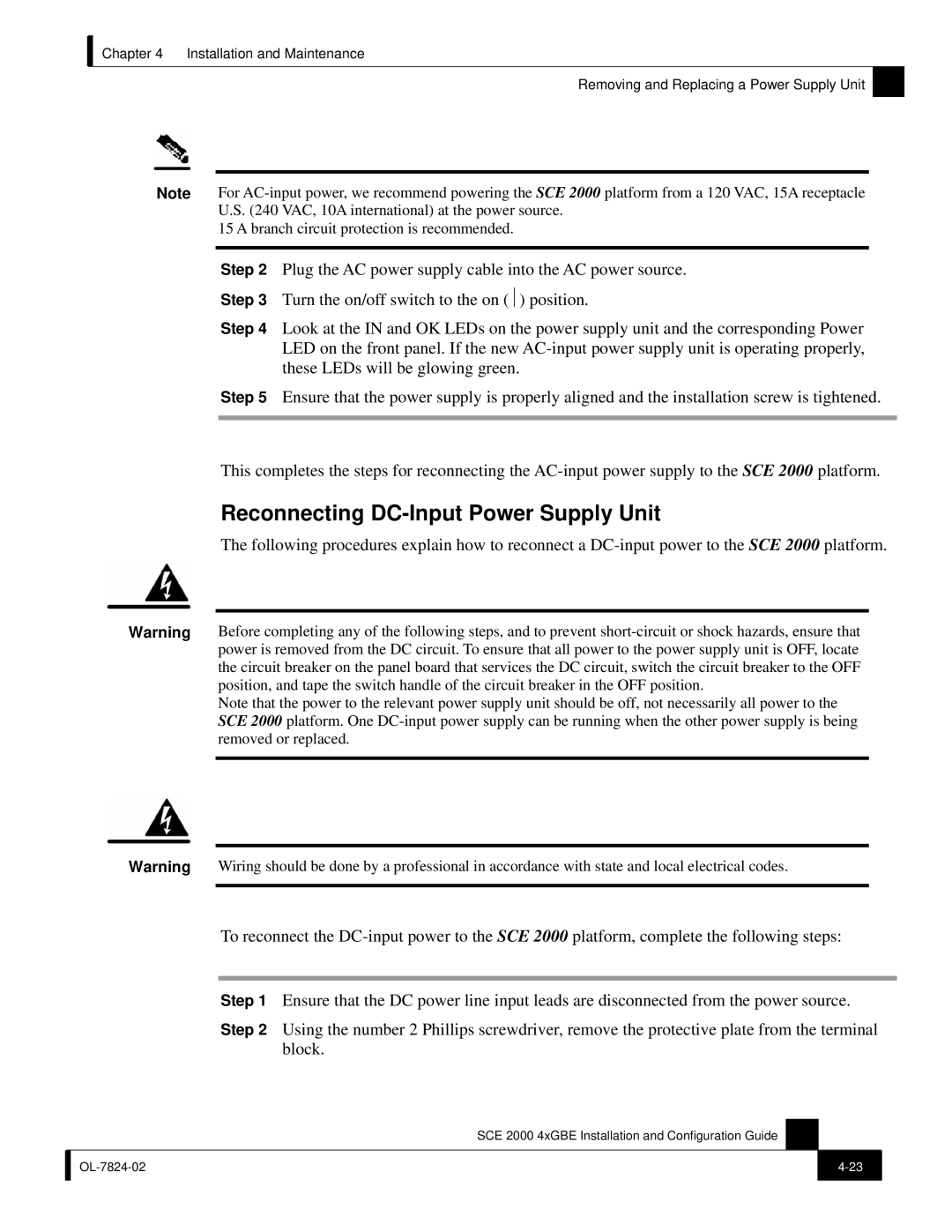 Cisco Systems SCE 2000 4xGBE manual Reconnecting DC-Input Power Supply Unit 