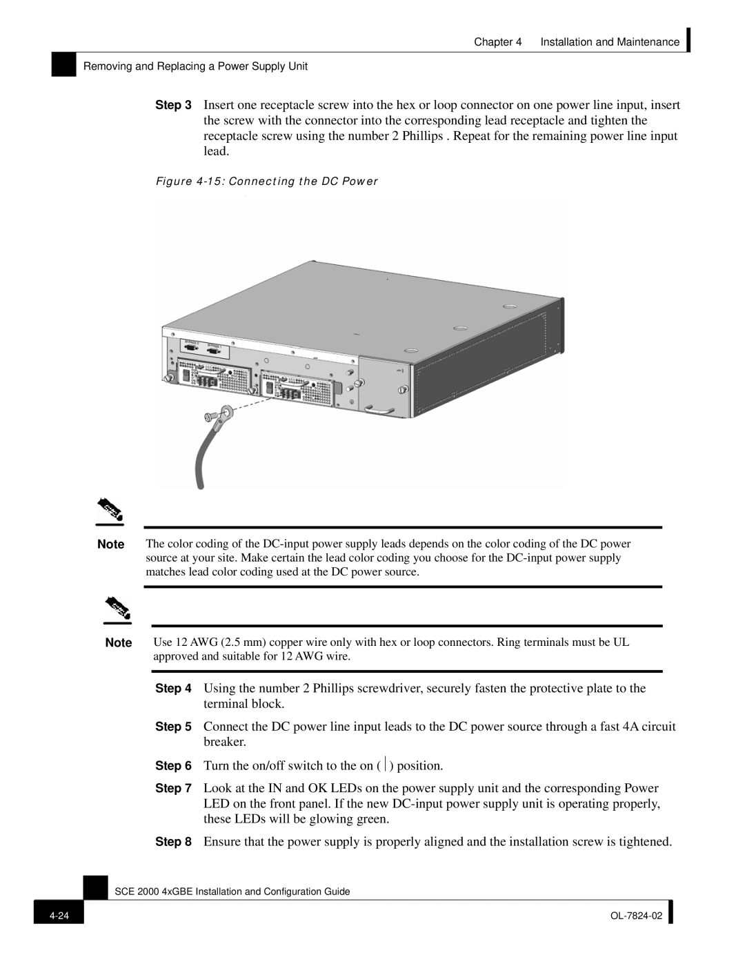 Cisco Systems SCE 2000 4xGBE manual Connecting the DC Power 