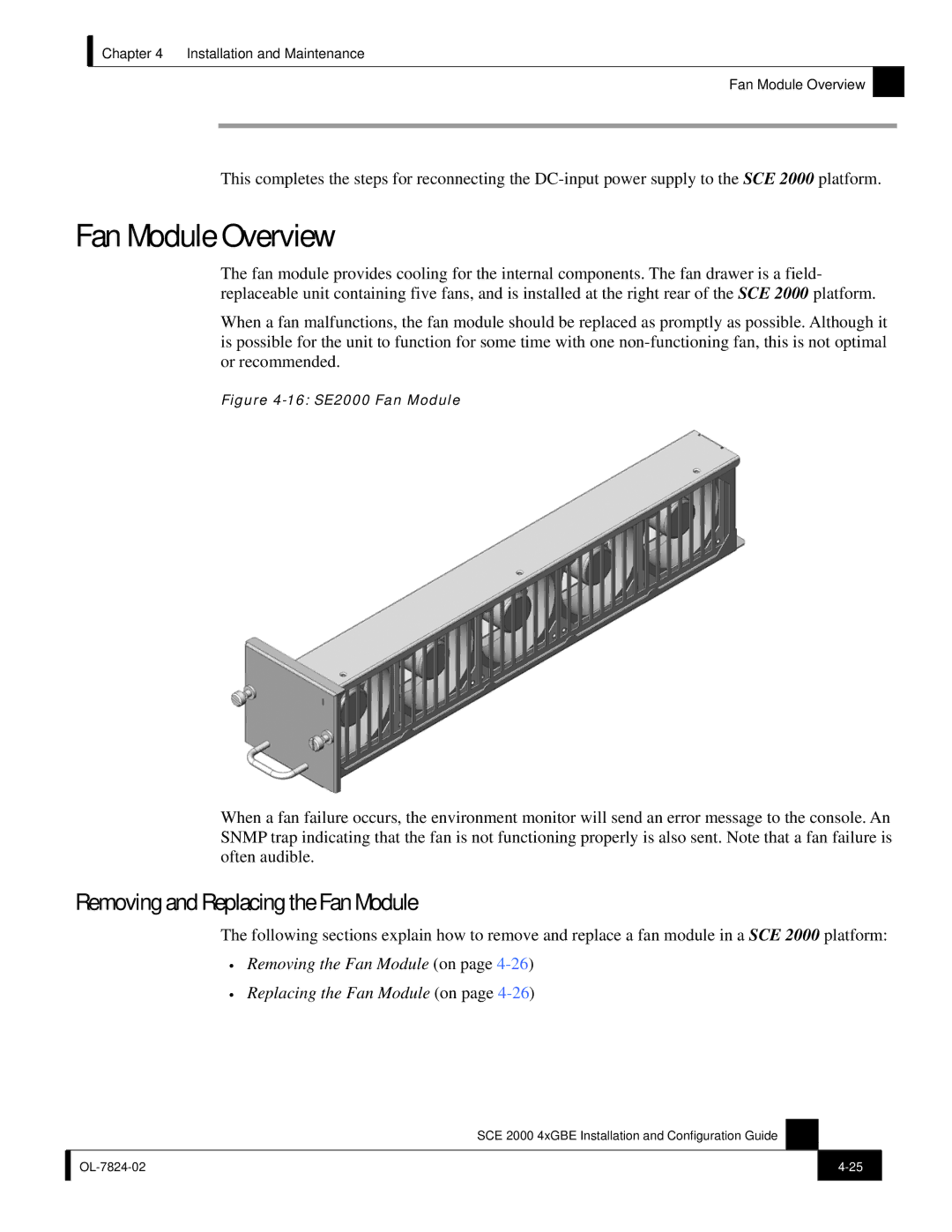 Cisco Systems SCE 2000 4xGBE manual Fan Module Overview, Removing and Replacing the Fan Module 