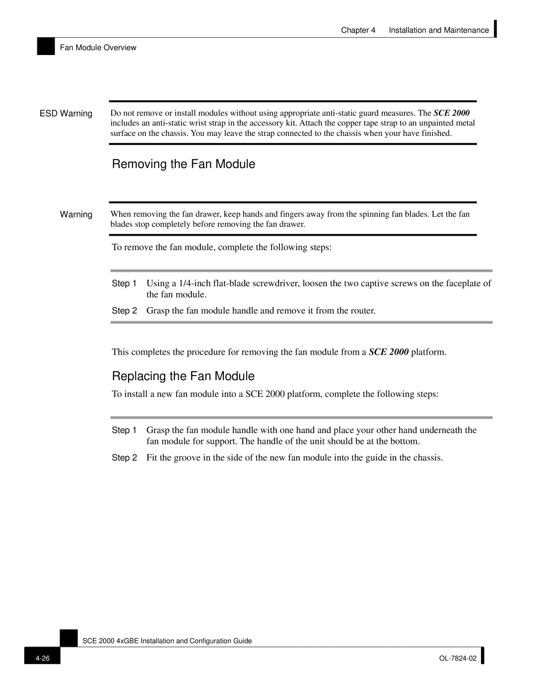 Cisco Systems SCE 2000 4xGBE manual Removing the Fan Module, Replacing the Fan Module 