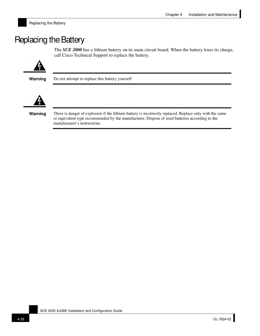 Cisco Systems SCE 2000 4xGBE manual Replacing the Battery 