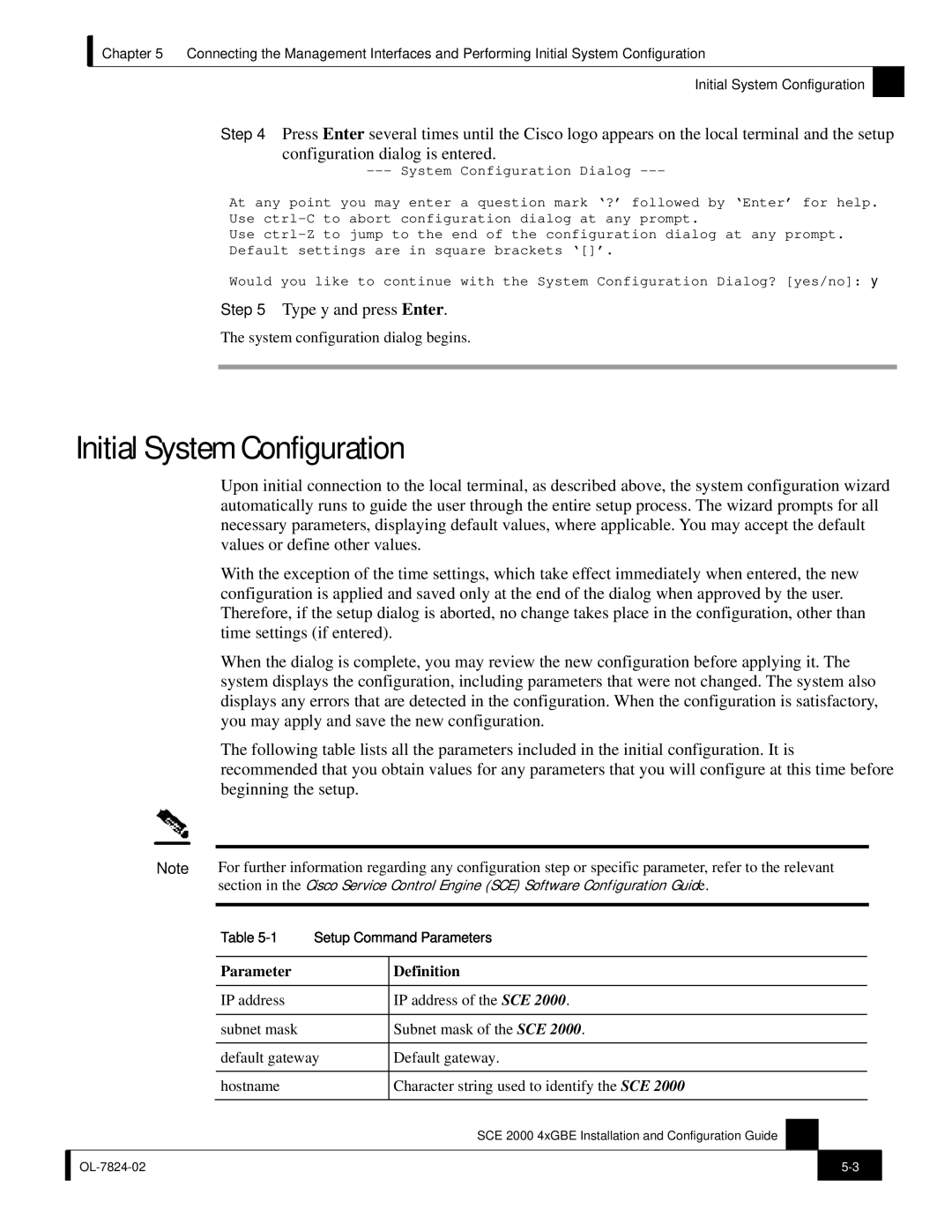 Cisco Systems SCE 2000 4xGBE manual Initial System Configuration, Type y and press Enter, Parameter Definition 