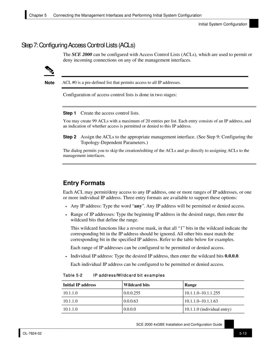 Cisco Systems SCE 2000 4xGBE ConfiguringAccess Control Lists ACLs, Entry Formats, Initial IP address Wildcard bits Range 