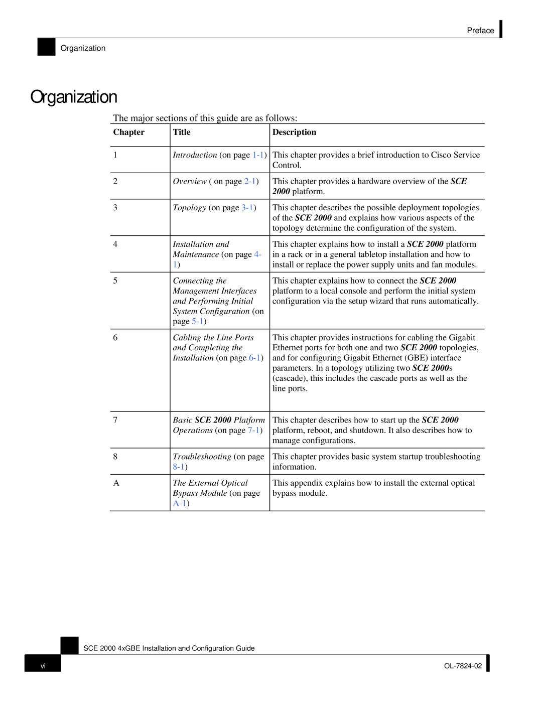 Cisco Systems SCE 2000 4xGBE manual Organization, Major sections of this guide are as follows, Chapter Title Description 