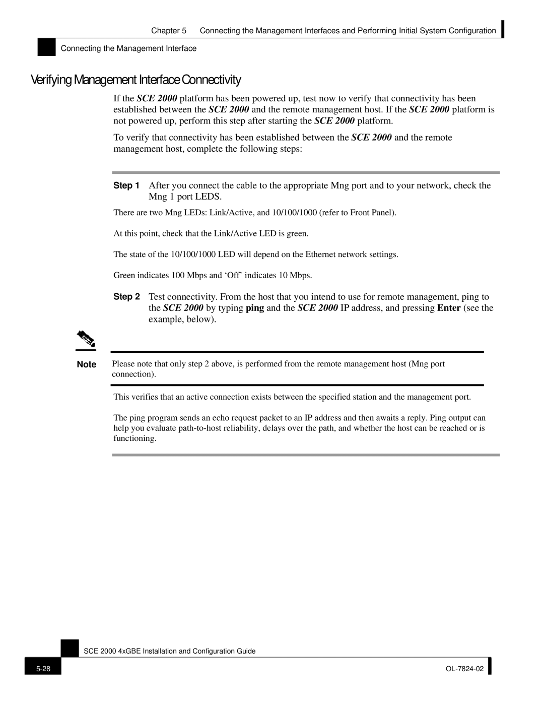 Cisco Systems SCE 2000 4xGBE manual Verifying Management Interface Connectivity 