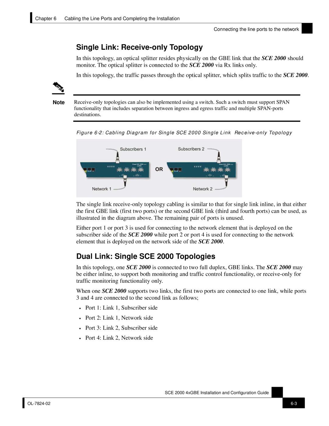 Cisco Systems SCE 2000 4xGBE manual Single Link Receive-only Topology, Dual Link Single SCE 2000 Topologies 