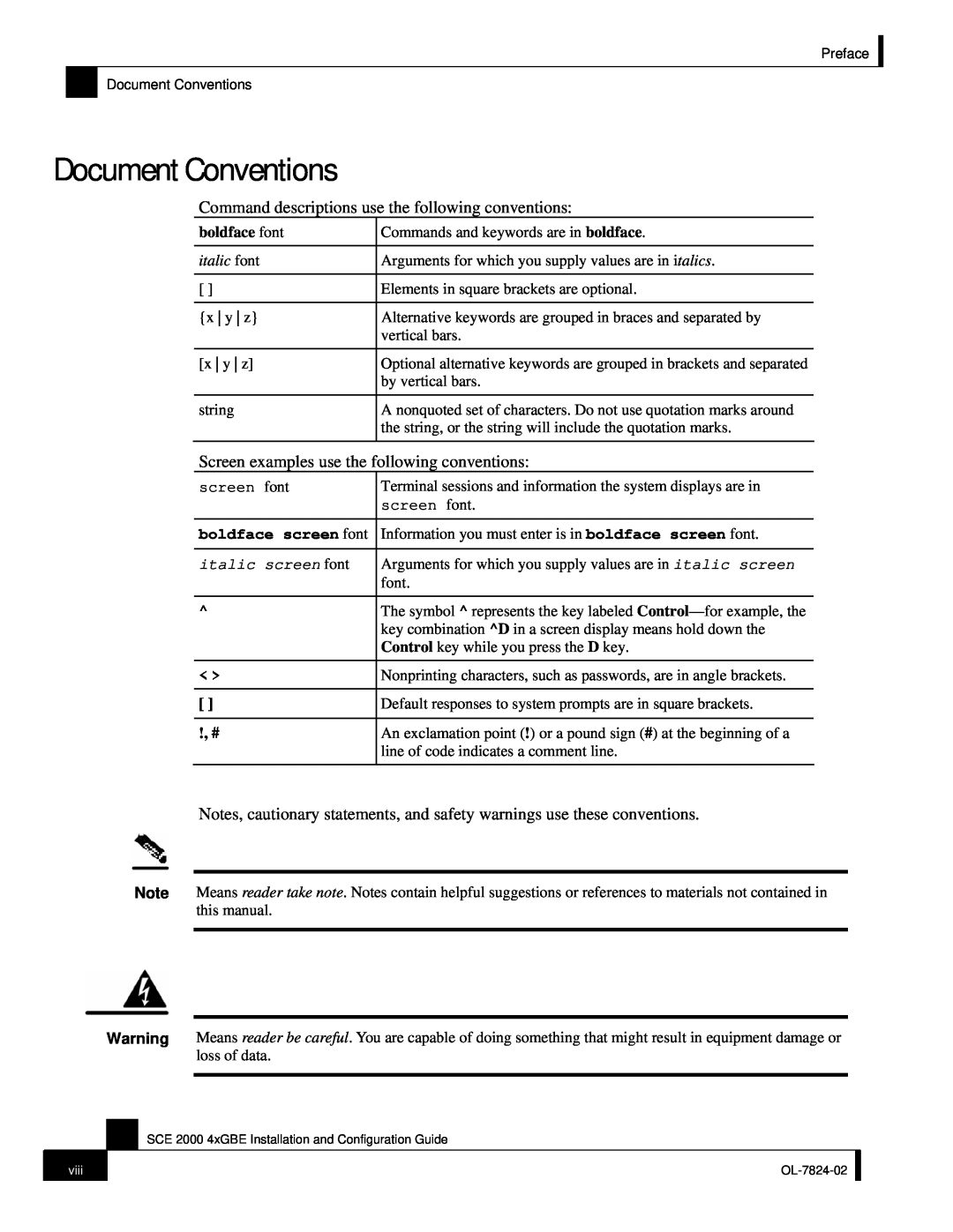 Cisco Systems SCE 2000 4xGBE Document Conventions, boldface font, italic font, boldface screen font, italic screen font 