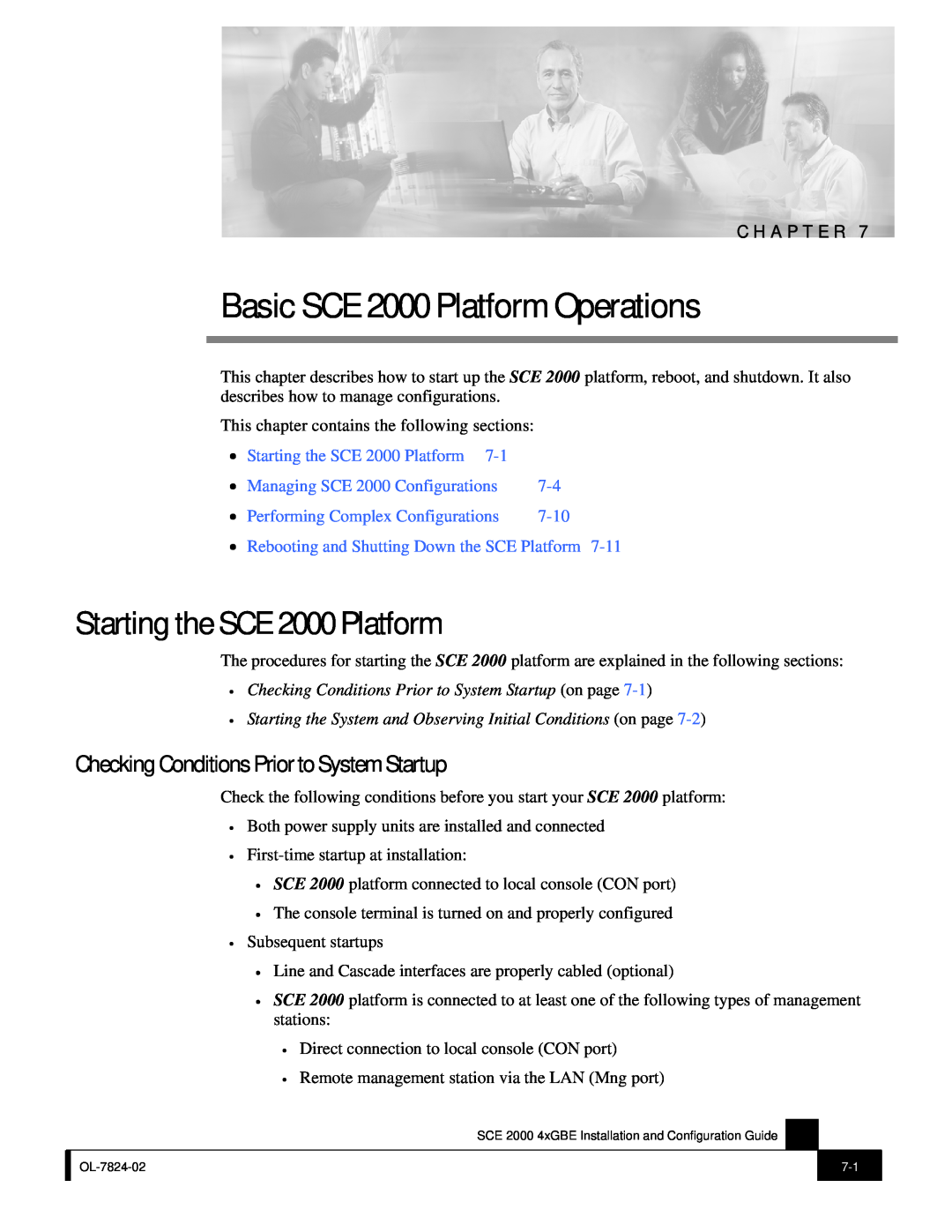 Cisco Systems SCE 2000 4xGBE manual Basic SCE 2000 Platform Operations, Starting the SCE 2000 Platform, 7-10, C H A P T E R 