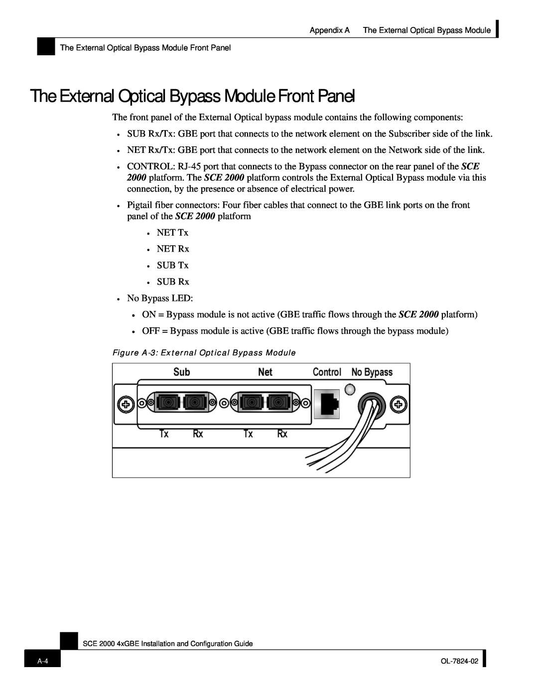 Cisco Systems SCE 2000 4xGBE manual The External Optical Bypass Module Front Panel 