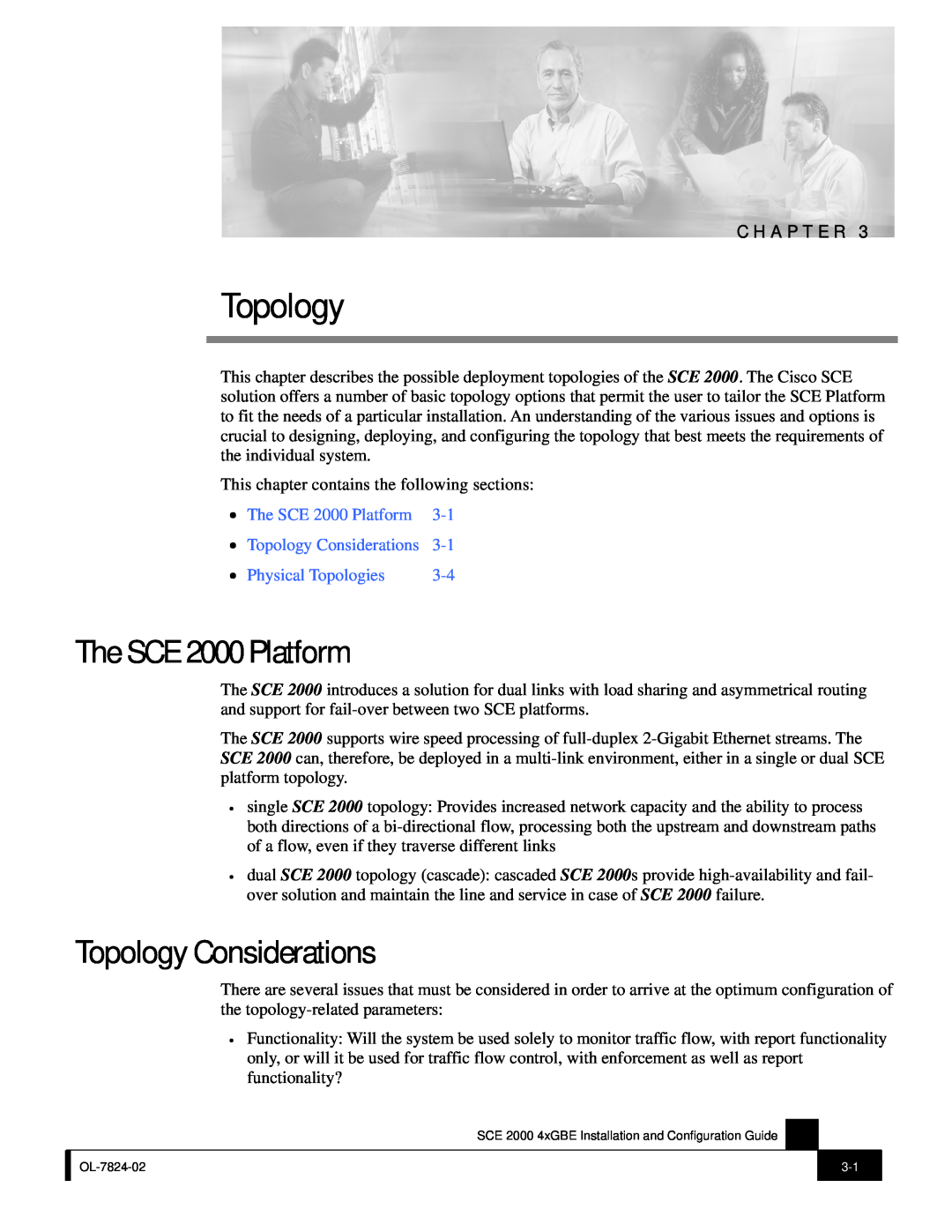 Cisco Systems SCE 2000 4xGBE manual The SCE 2000 Platform, Topology Considerations, Physical Topologies, C H A P T E R 