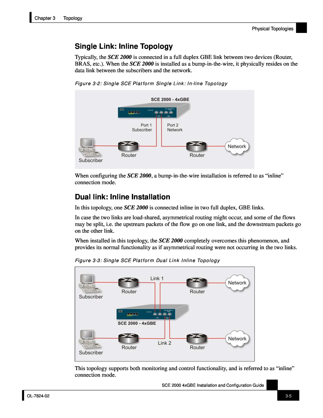 Cisco Systems SCE 2000 4xGBE manual Single Link Inline Topology, Dual link Inline Installation 
