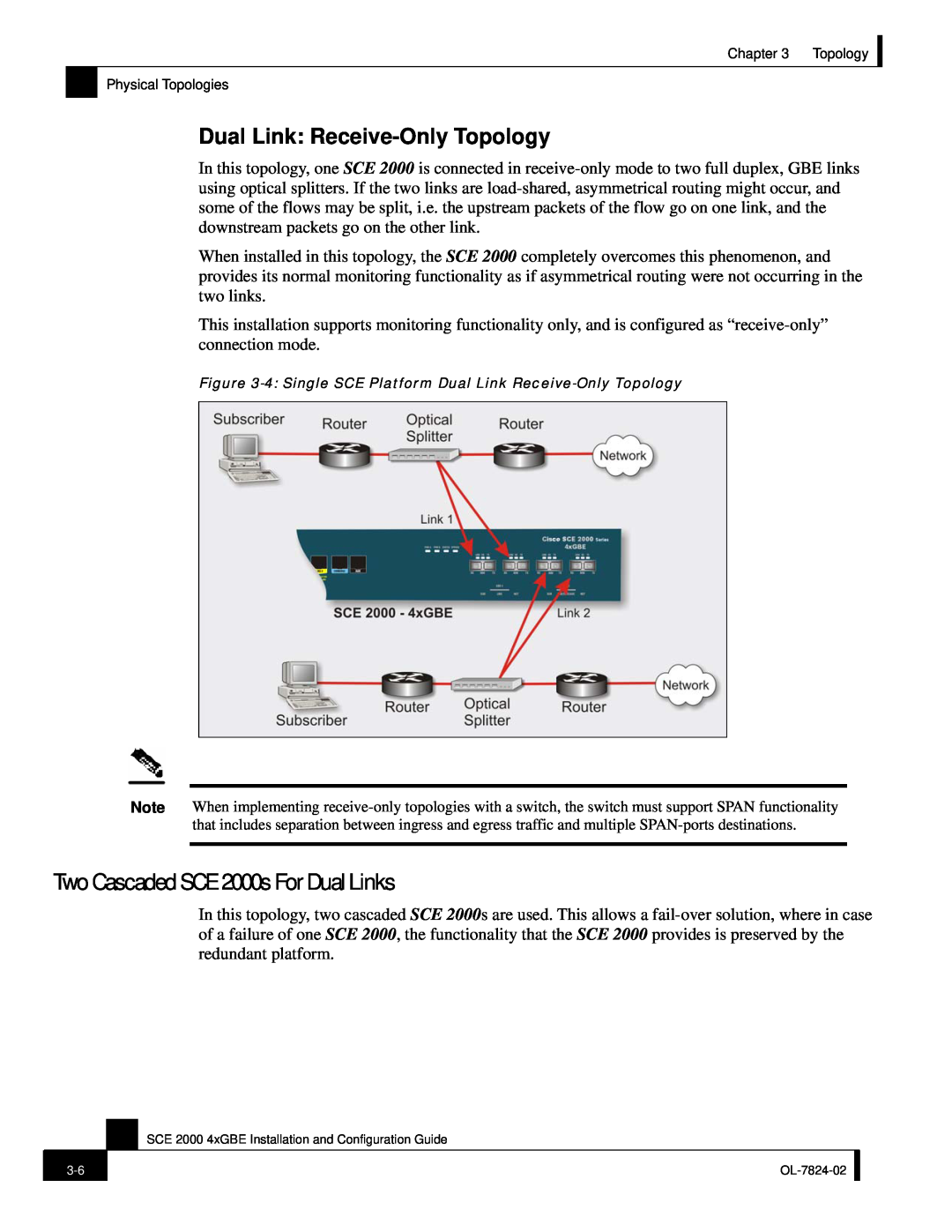 Cisco Systems SCE 2000 4xGBE manual Two Cascaded SCE 2000s For Dual Links, Dual Link Receive-Only Topology 