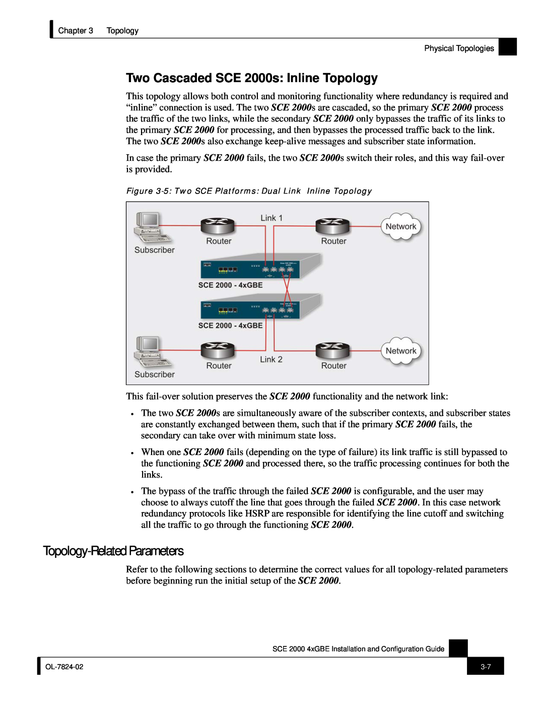 Cisco Systems SCE 2000 4xGBE manual Topology-Related Parameters, Two Cascaded SCE 2000s Inline Topology 