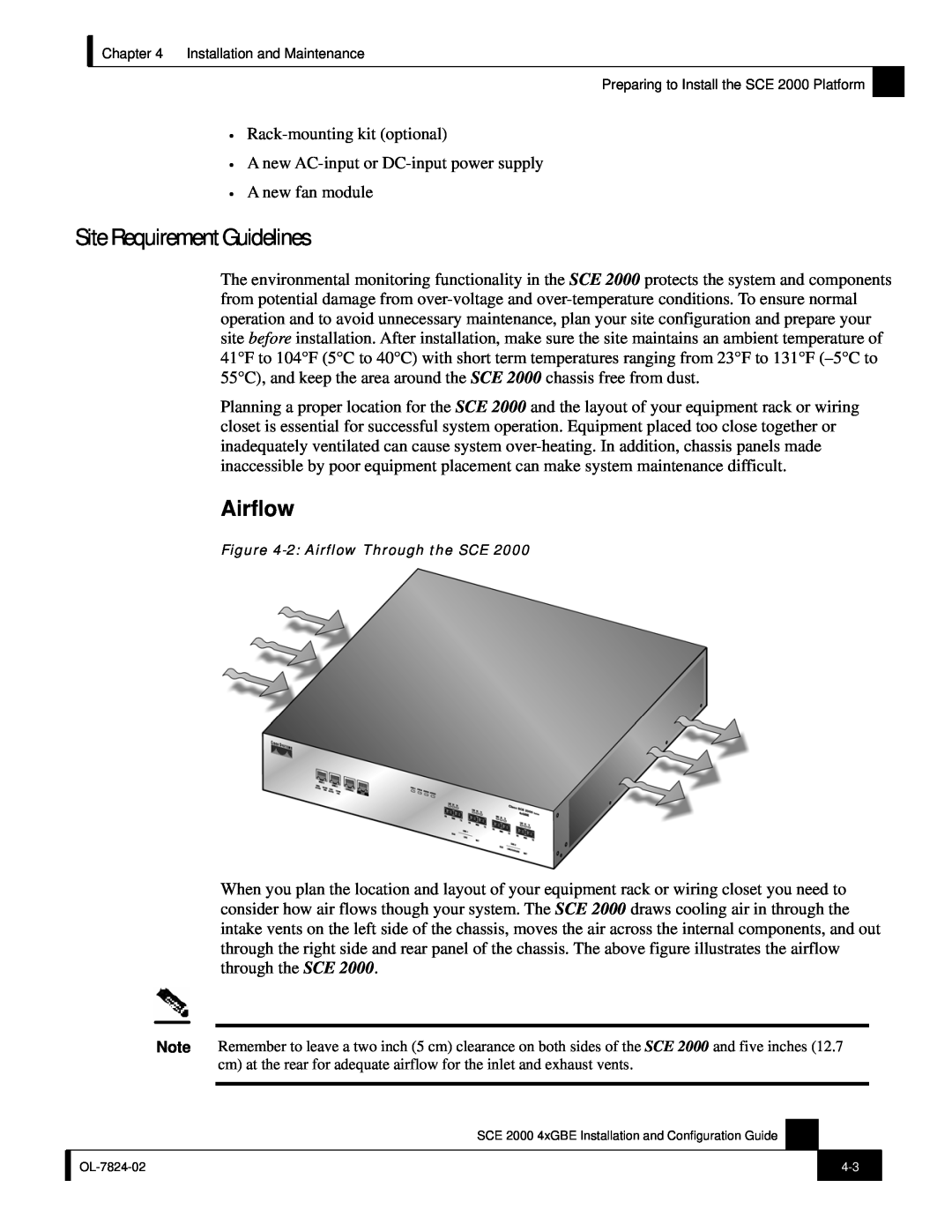Cisco Systems SCE 2000 4xGBE manual Site Requirement Guidelines, Airflow 