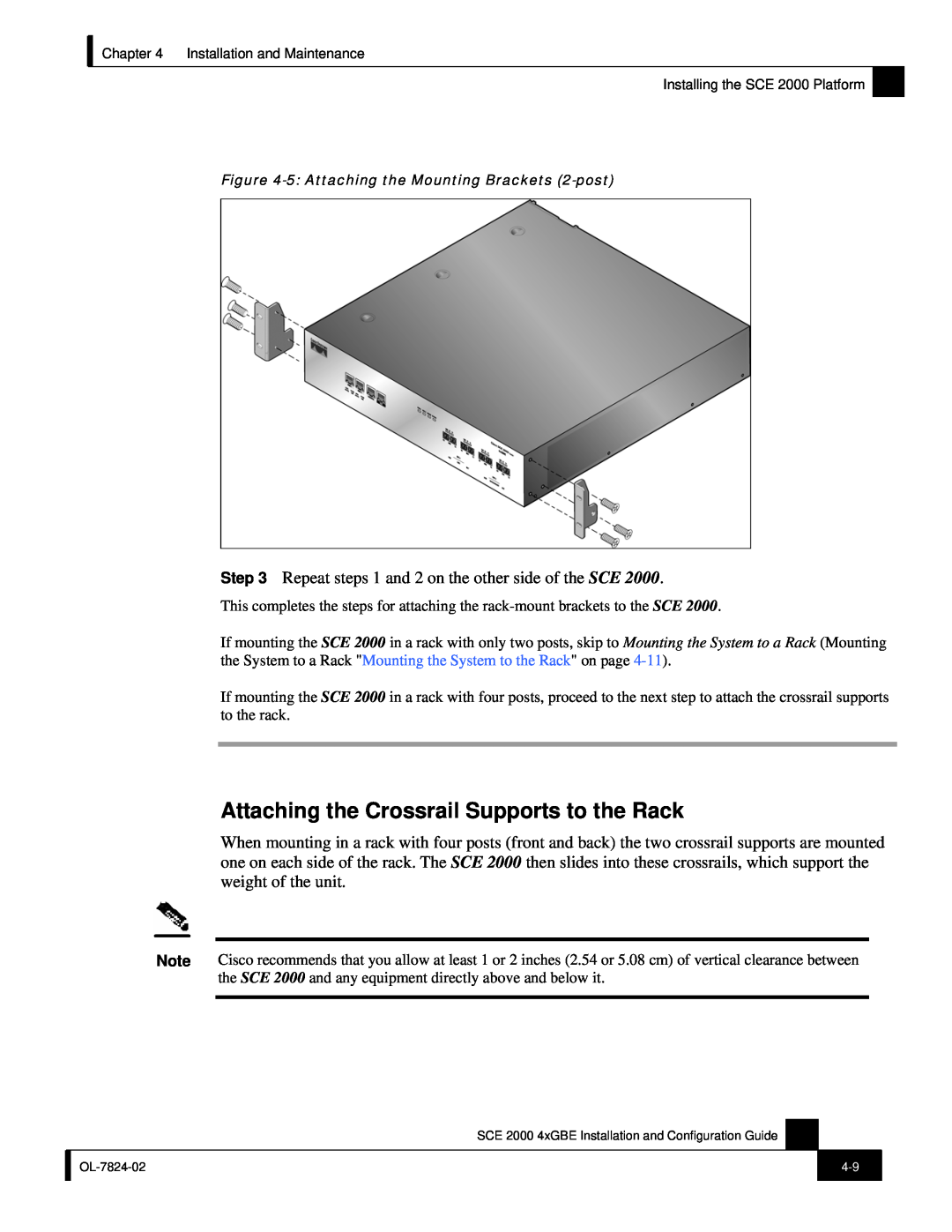 Cisco Systems SCE 2000 4xGBE manual Attaching the Crossrail Supports to the Rack 