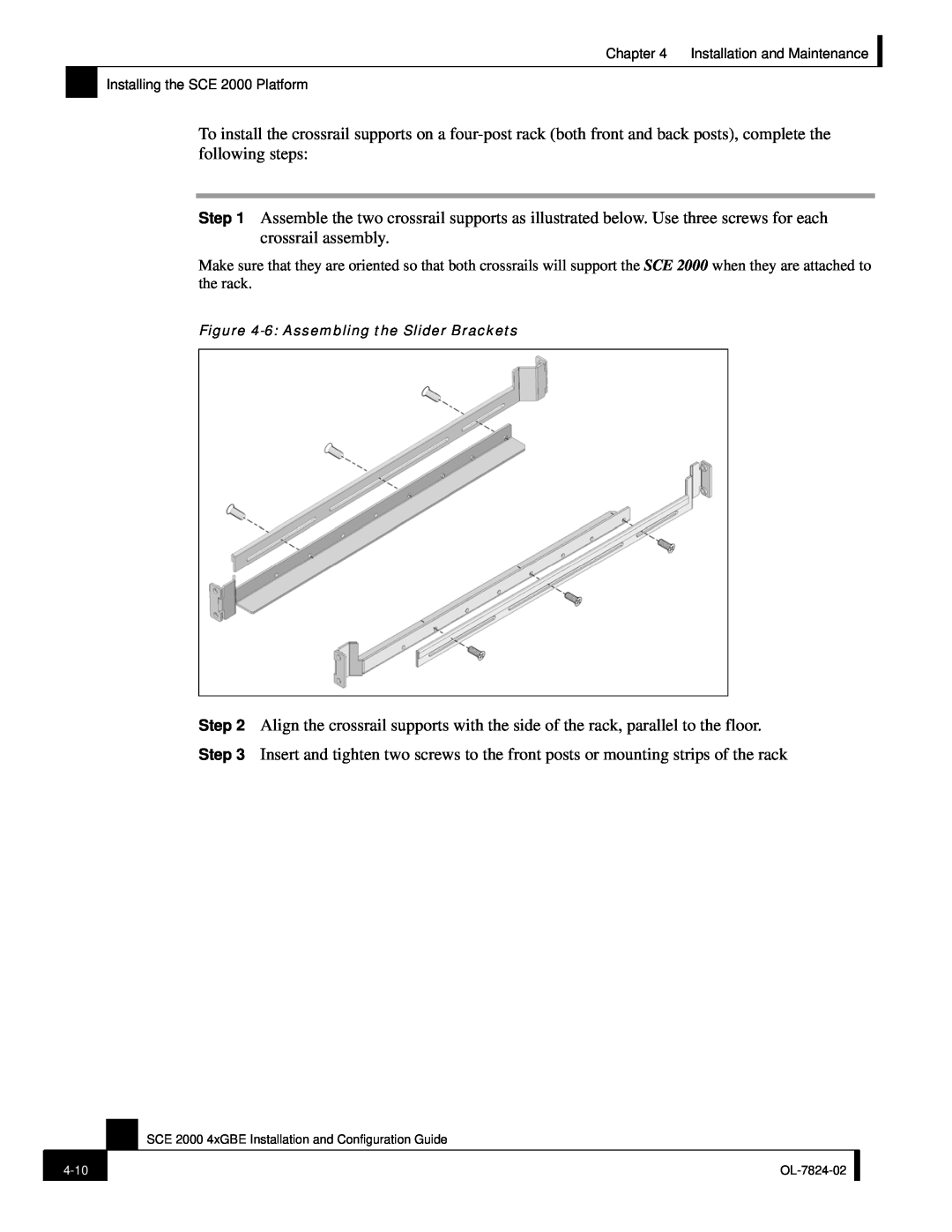 Cisco Systems SCE 2000 4xGBE manual 6 Assembling the Slider Brackets 