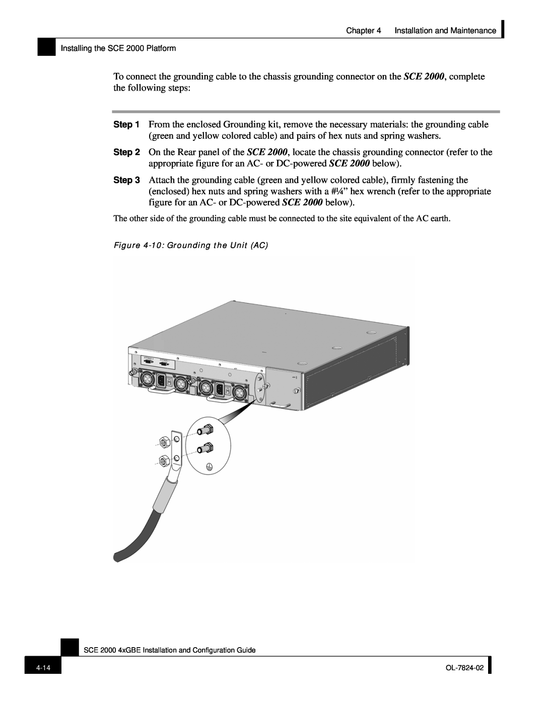 Cisco Systems SCE 2000 4xGBE manual 10 Grounding the Unit AC 