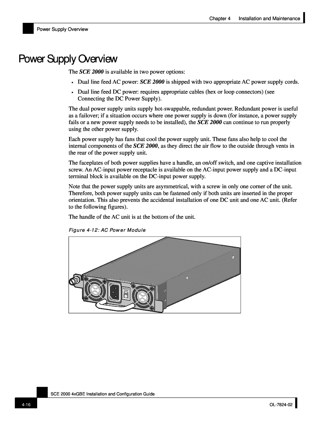 Cisco Systems SCE 2000 4xGBE manual Power Supply Overview 