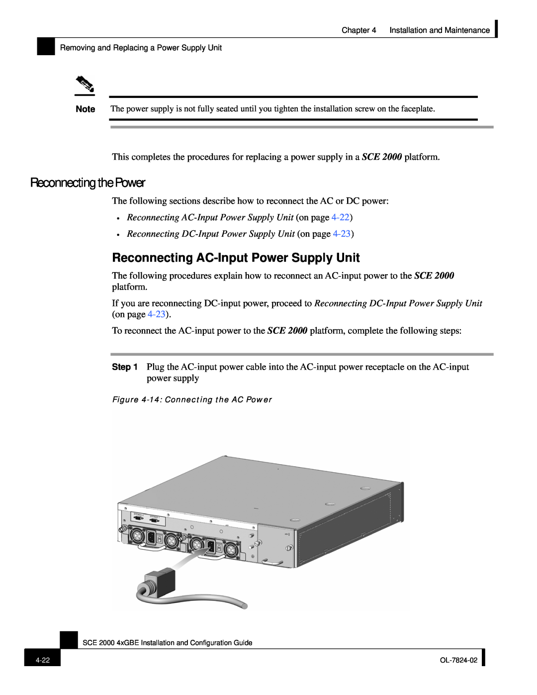 Cisco Systems SCE 2000 4xGBE manual Reconnecting the Power, Reconnecting AC-Input Power Supply Unit 