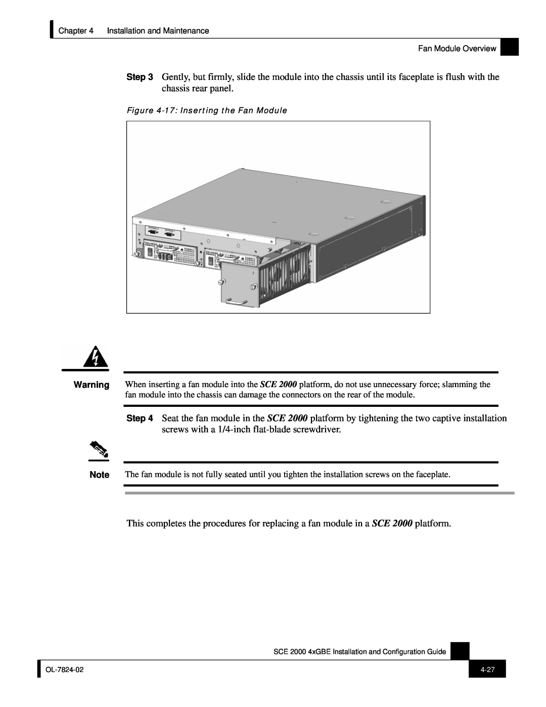 Cisco Systems SCE 2000 4xGBE manual 17 Inserting the Fan Module 
