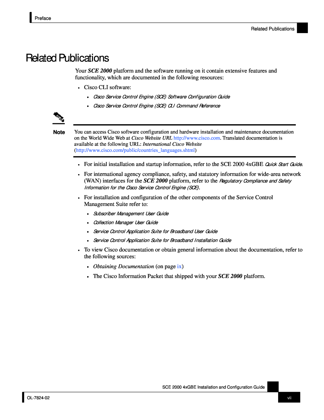 Cisco Systems SCE 2000 4xGBE manual Related Publications, Obtaining Documentation on page 
