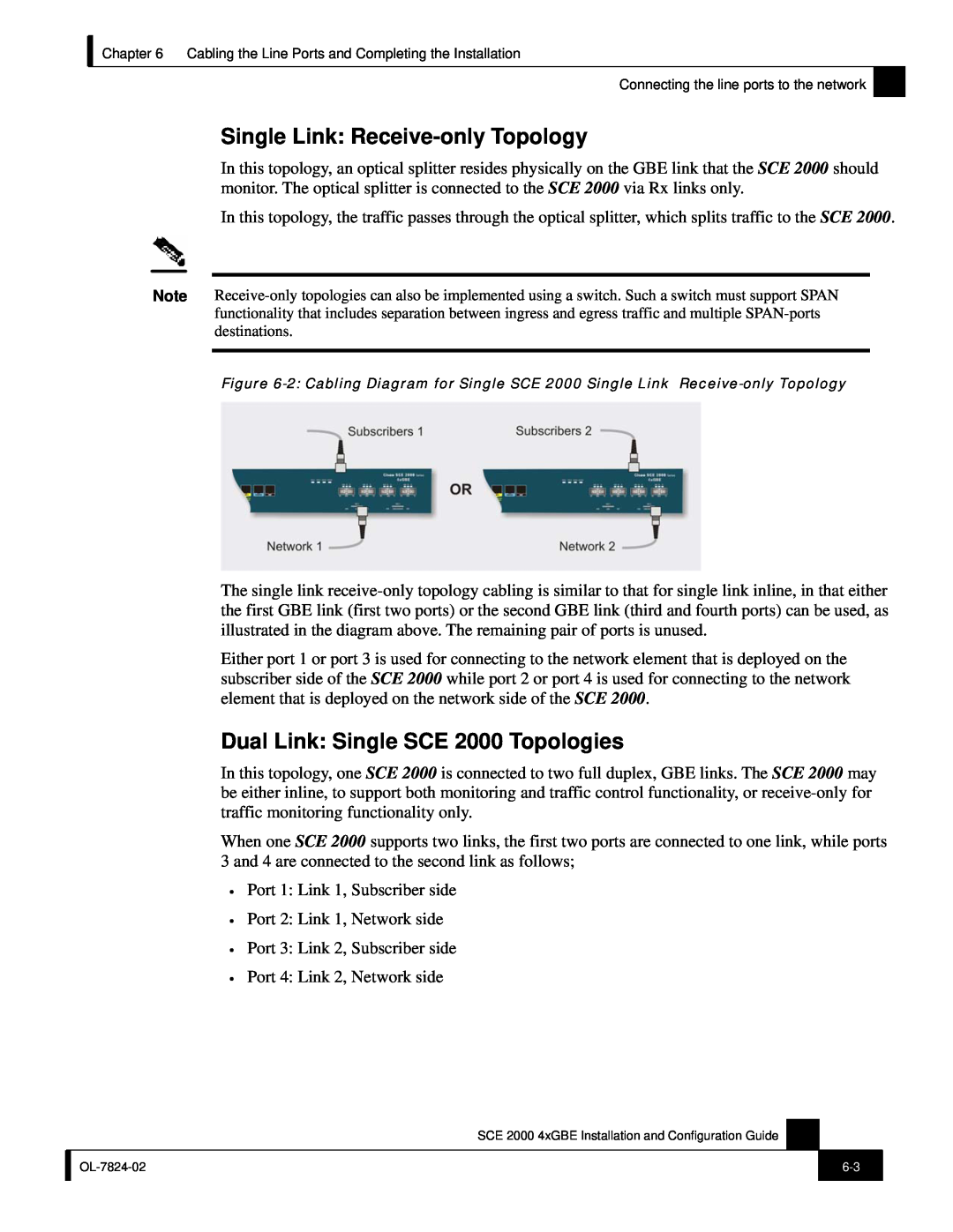 Cisco Systems SCE 2000 4xGBE manual Dual Link Single SCE 2000 Topologies, Single Link Receive-only Topology 