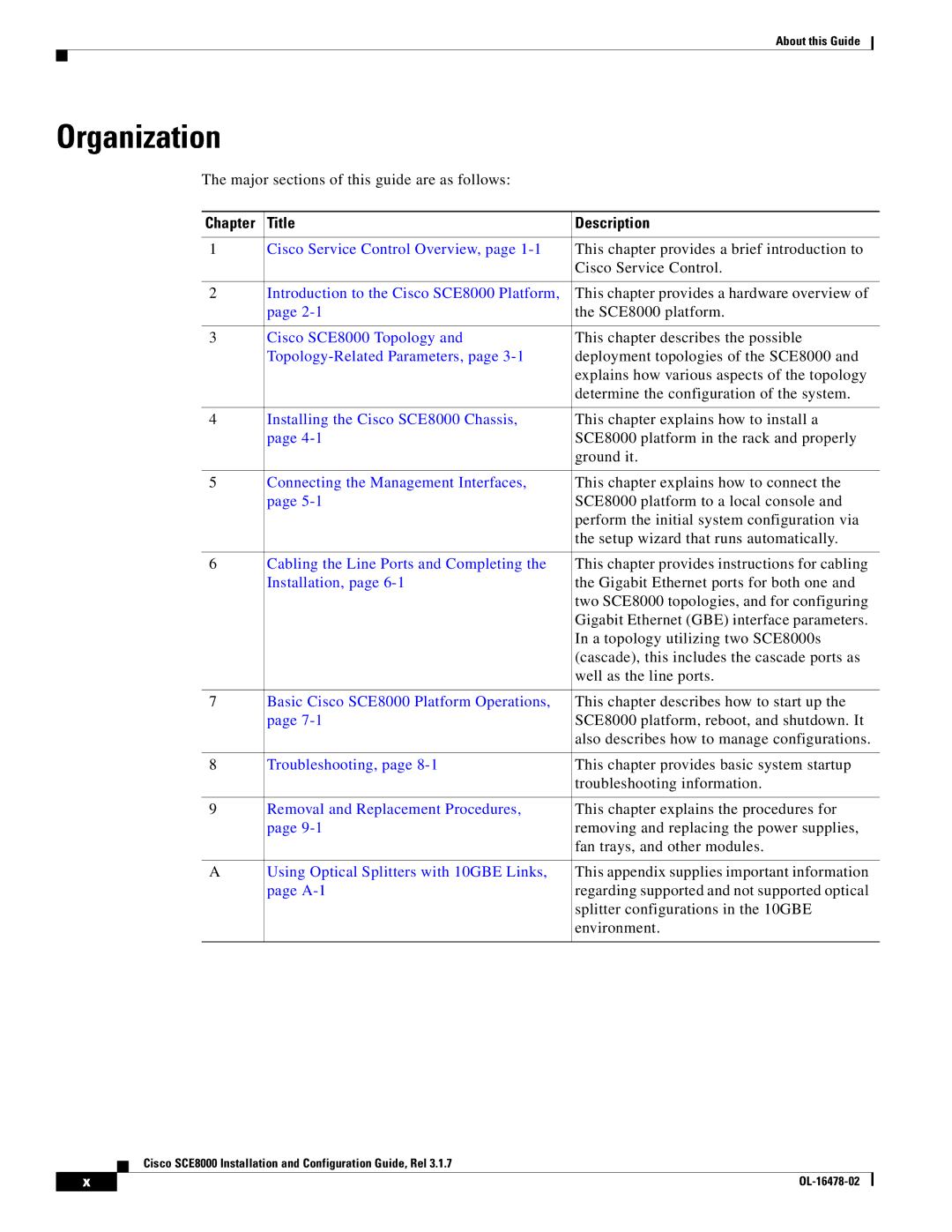 Cisco Systems SCE8000 manual Organization, Chapter Title Description 