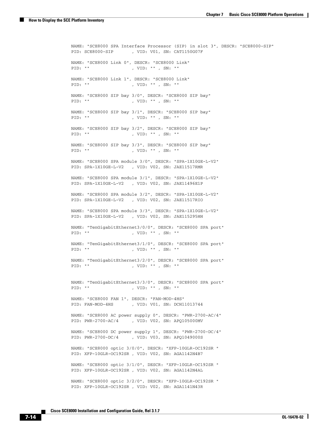 Cisco Systems manual Name SCE8000 FAN 1, Descr FAN-MOD-4HS 