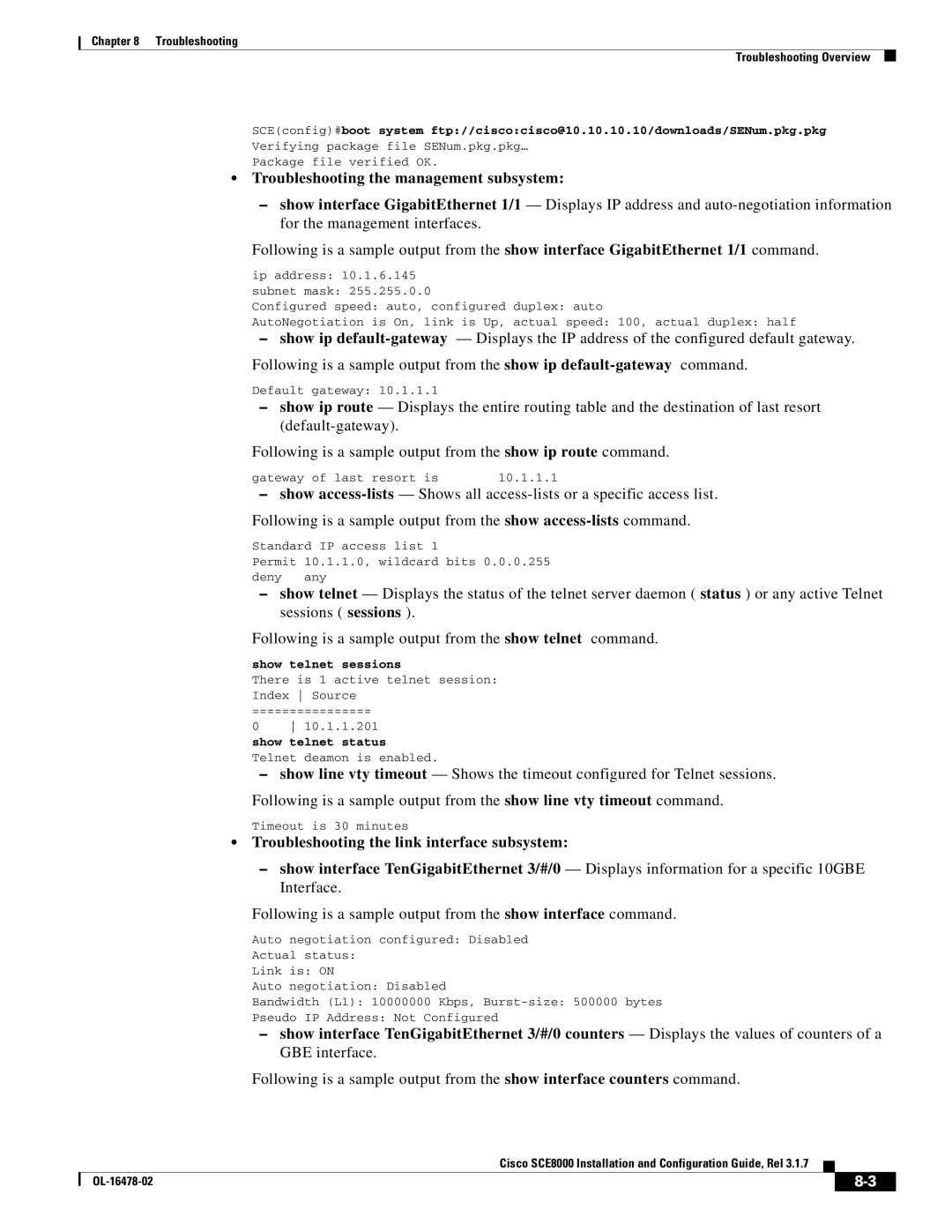 Cisco Systems SCE8000 manual Troubleshooting the management subsystem, Troubleshooting the link interface subsystem 