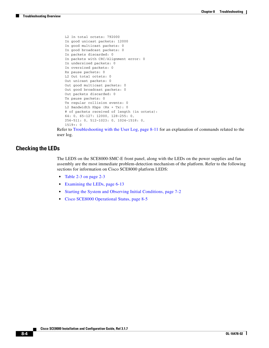 Cisco Systems SCE8000 manual Checking the LEDs 