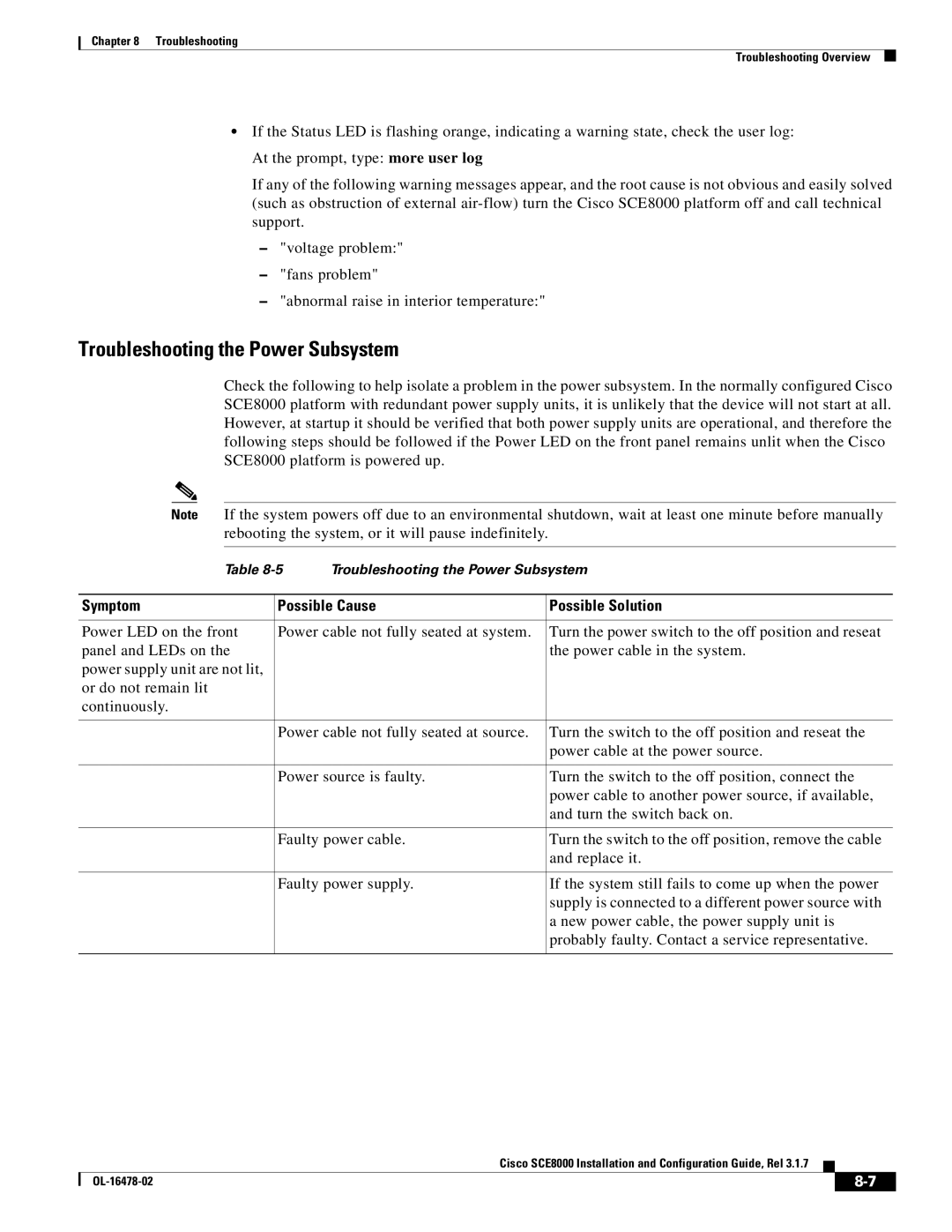 Cisco Systems SCE8000 manual Troubleshooting the Power Subsystem, Symptom Possible Cause Possible Solution 