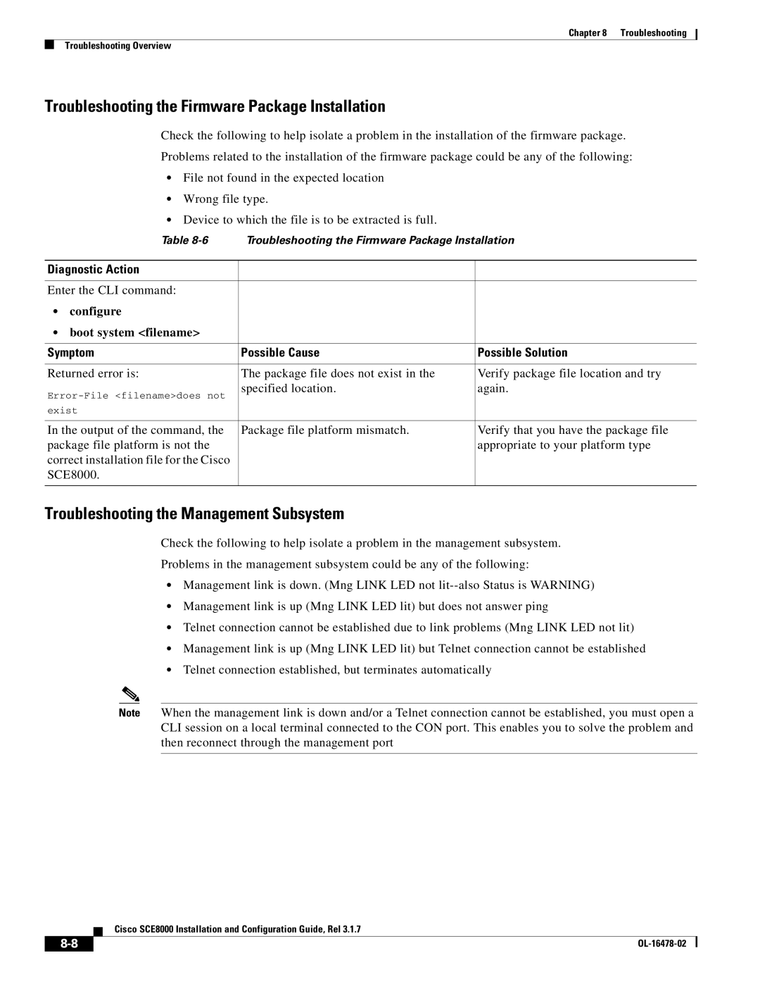 Cisco Systems SCE8000 manual Troubleshooting the Firmware Package Installation, Troubleshooting the Management Subsystem 