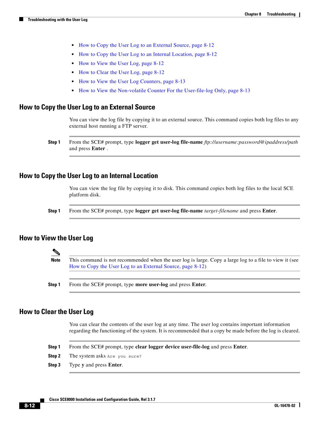 Cisco Systems SCE8000 How to Copy the User Log to an External Source, How to Copy the User Log to an Internal Location 