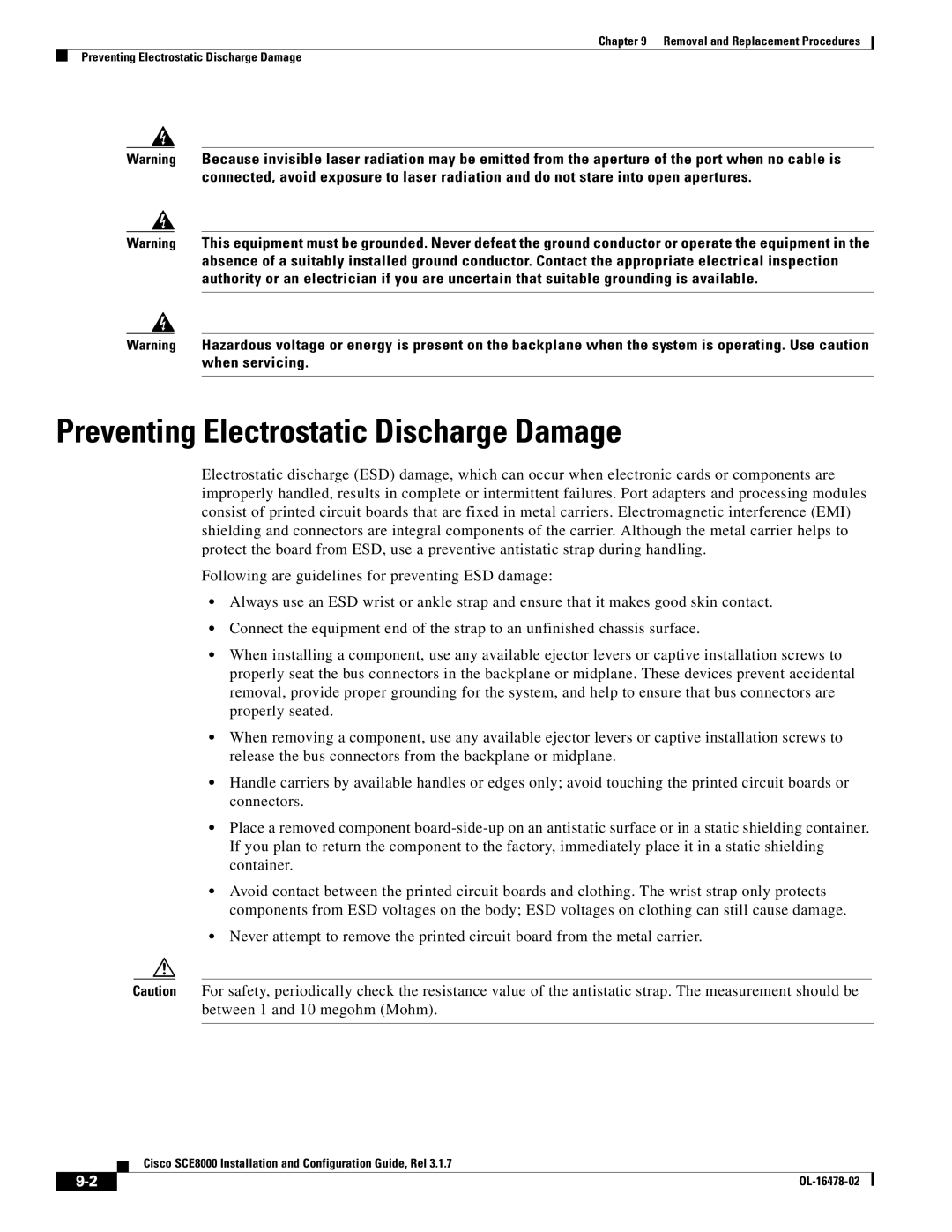 Cisco Systems SCE8000 manual Preventing Electrostatic Discharge Damage 