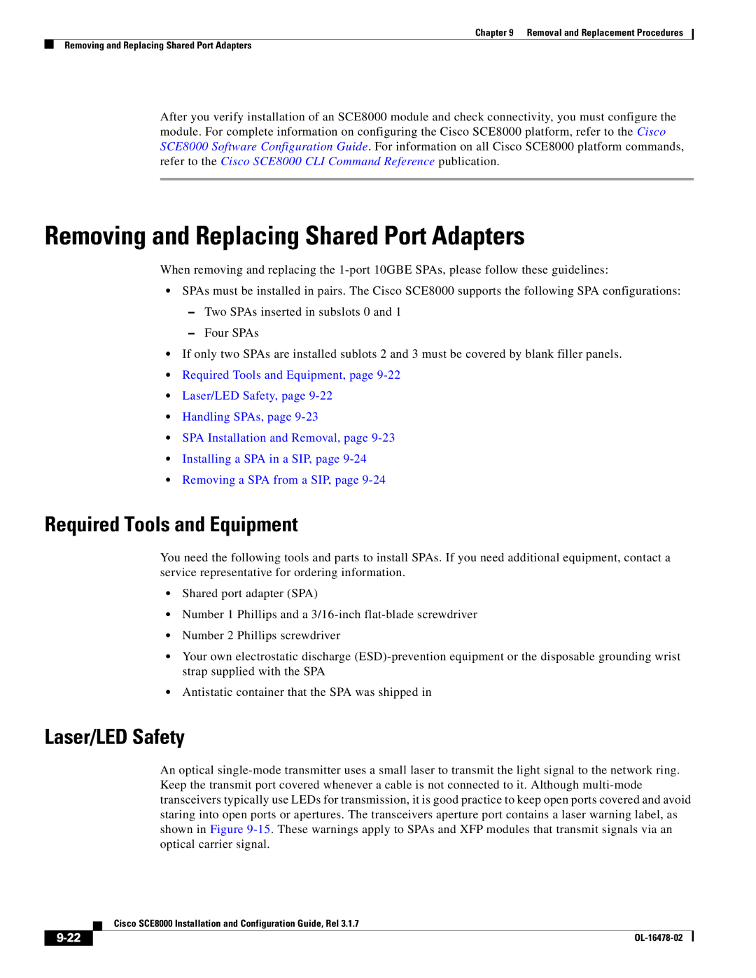 Cisco Systems SCE8000 manual Removing and Replacing Shared Port Adapters, Laser/LED Safety 